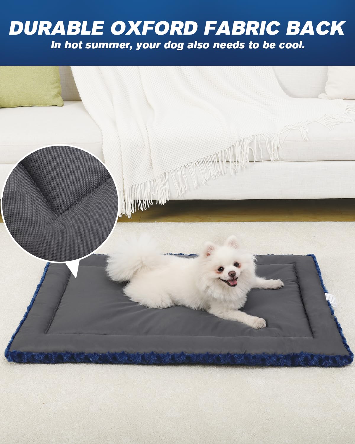 Washable Dog Bed Mat Reversible Dog Crate Pad Soft Fluffy Pet Kennel Beds Dog Sleeping Mattress For Large Jumbo Medium Small Dogs, 35 X 22 Inch, Blue