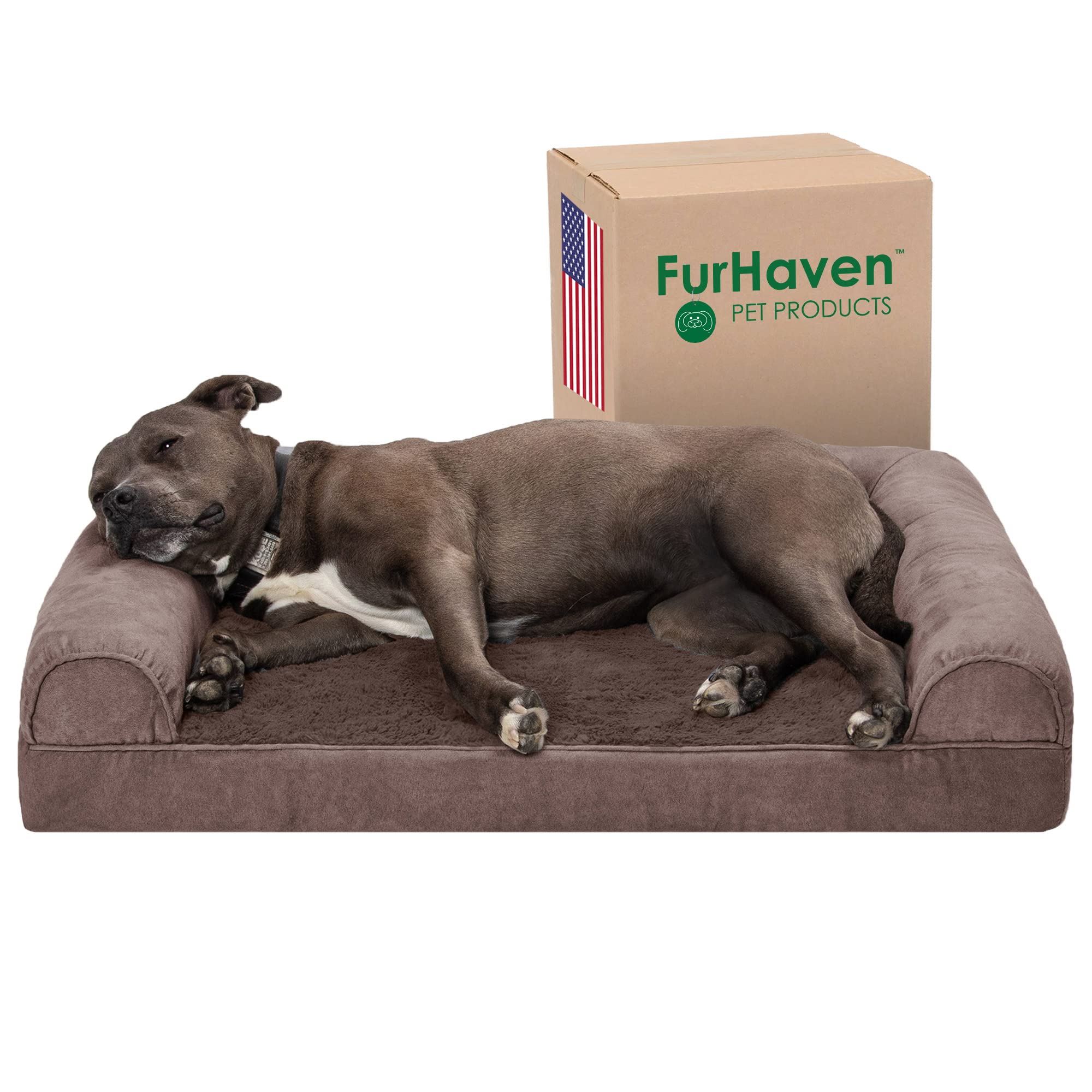 Furhaven Orthopedic Dog Bed For Large/Medium Dogs W/ Removable Bolsters & Washable Cover, For Dogs Up To 55 Lbs - Faux Fur & Velvet Sofa - Driftwood Brown, Large
