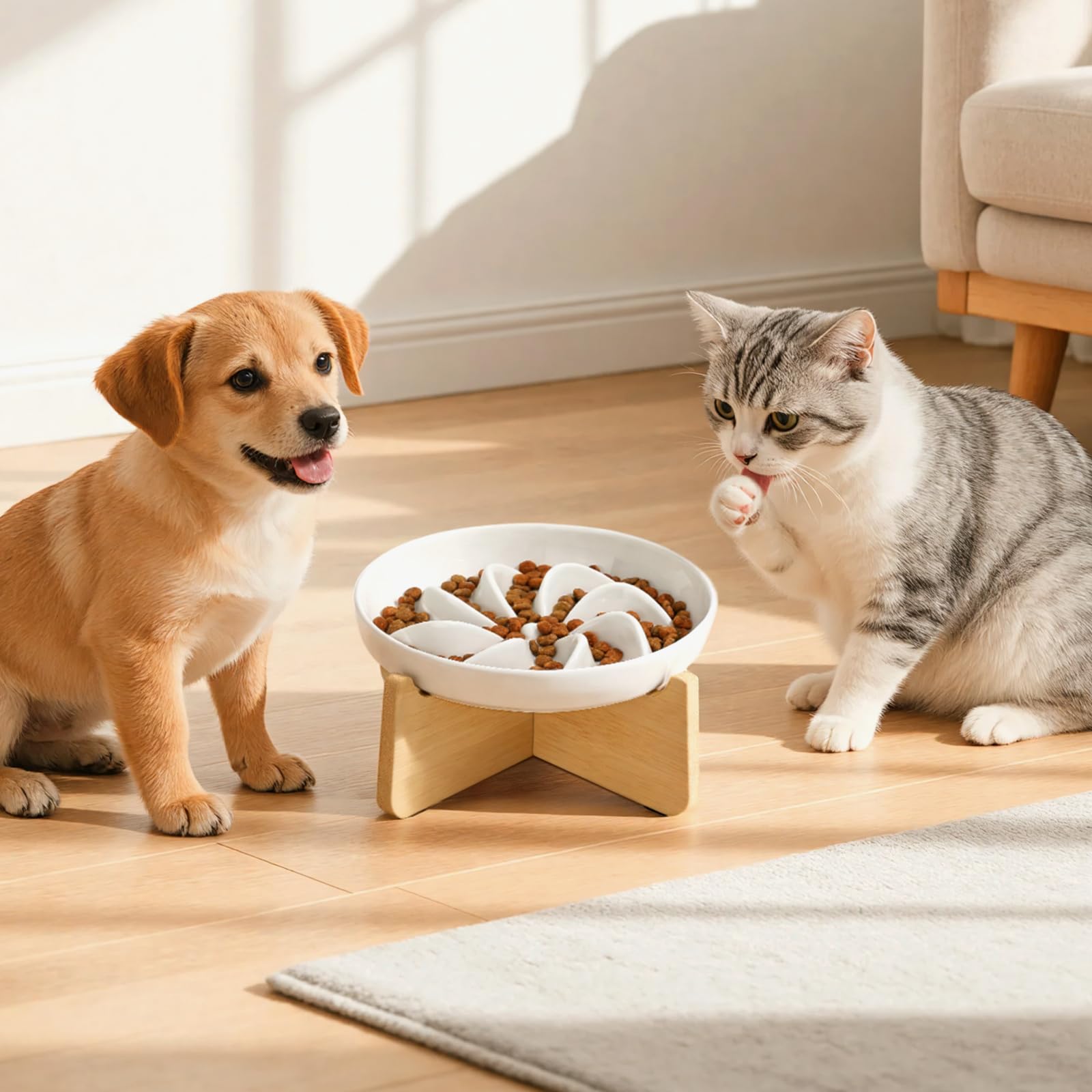 PETTOM Slow Feeder Cat Bowl with Stand, Ceramic Slow Eating Cat Bowl with Higher Edges ,Elevated Cats Food Bowls for Dry and Wet