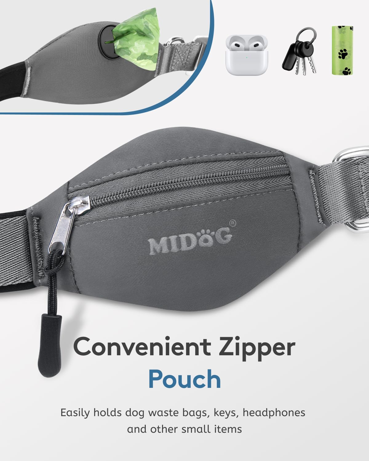 MIDOG Multifunctional Dog Leash Hands Free for Large Dogs - Adjustable Waist Leash with Zipper Pounch& Bungee Cord for Jogging/R