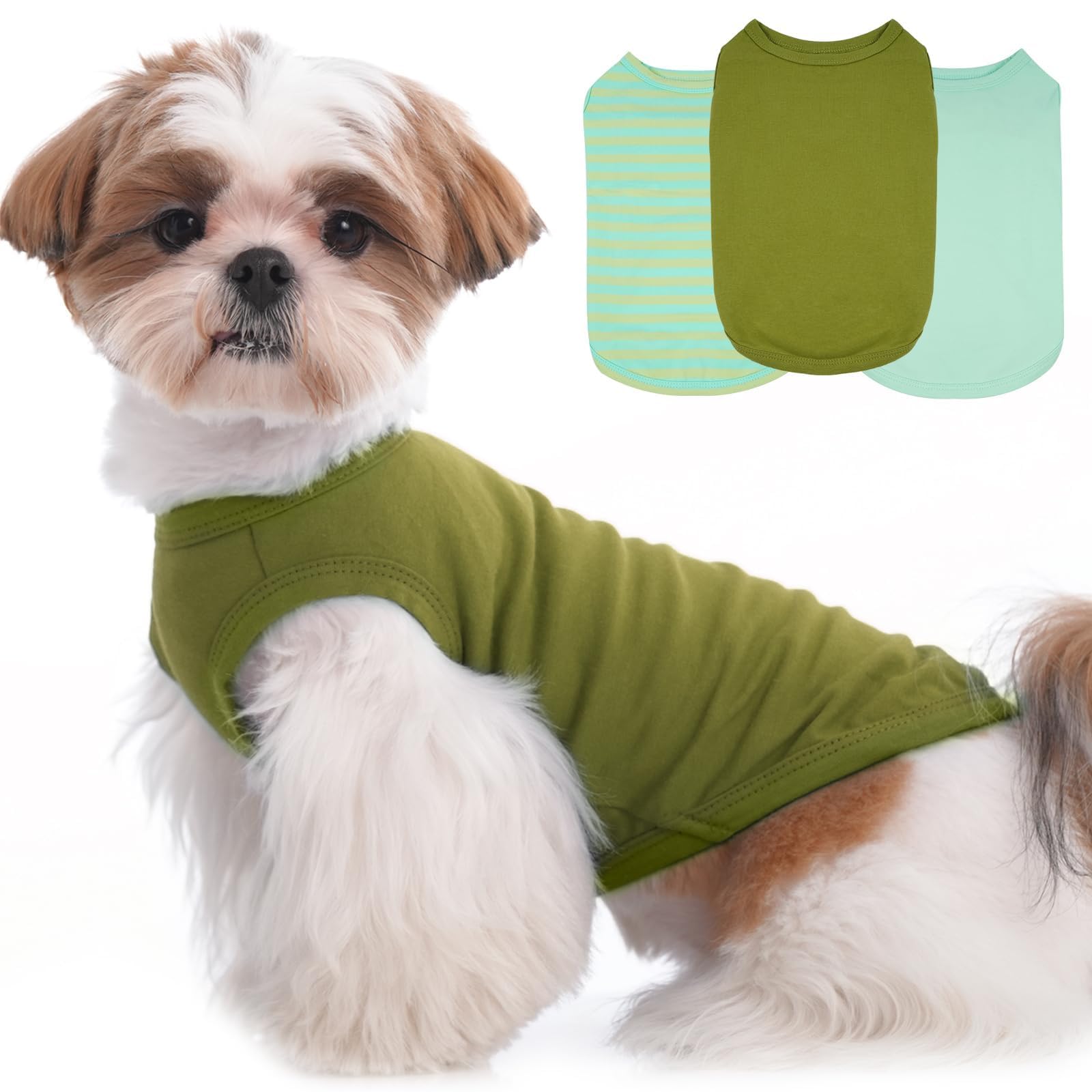 3 Pack Green Striped T Shirts For Small Dogs,Lightweight Sleeveless Dog Tee For Spring&Summer Keep Body Heat After Running,Breat