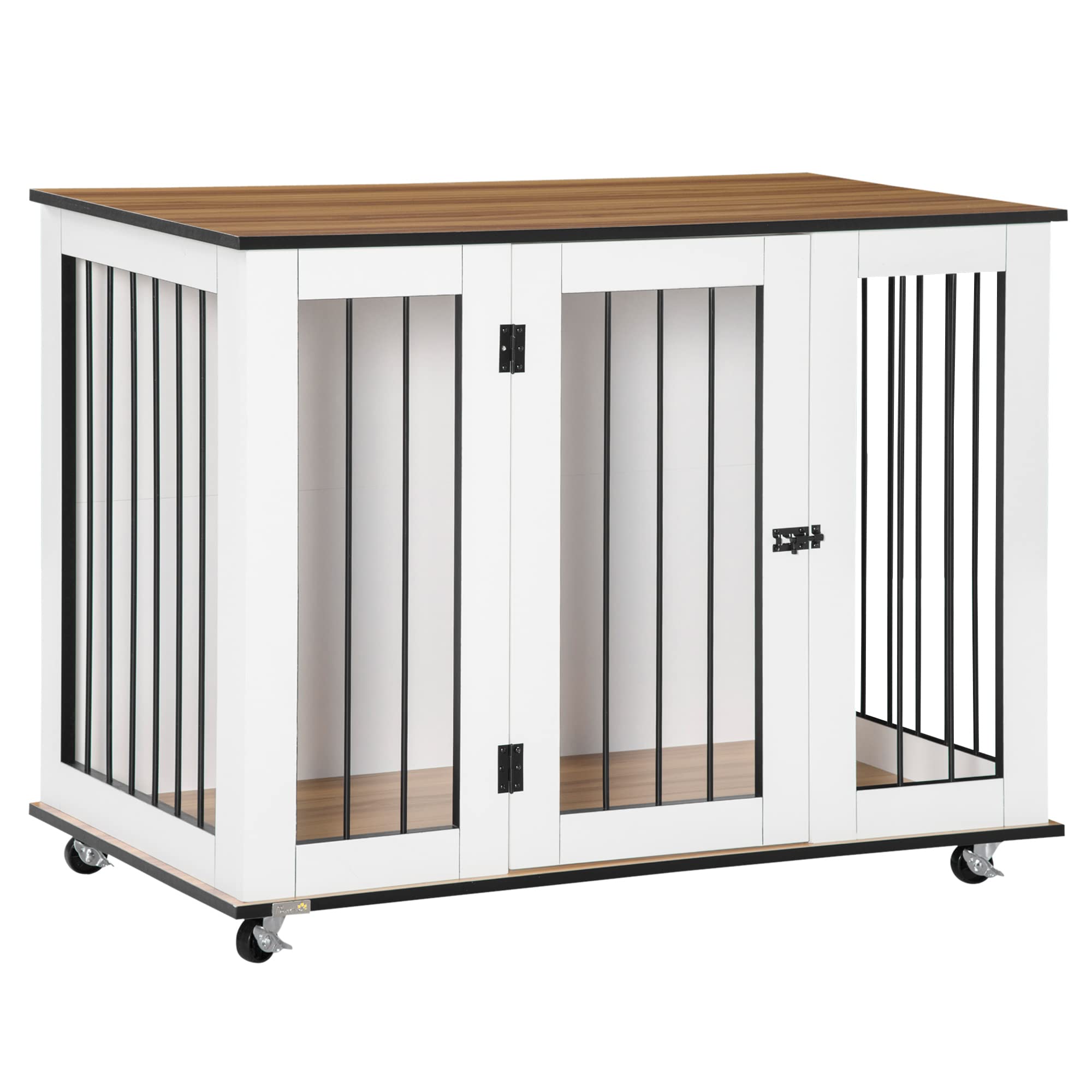 Pawhut Dog Cage End Table W/ Five Wheels, Dog Crate Furniture For Large Dogs, With Lockable Door - White
