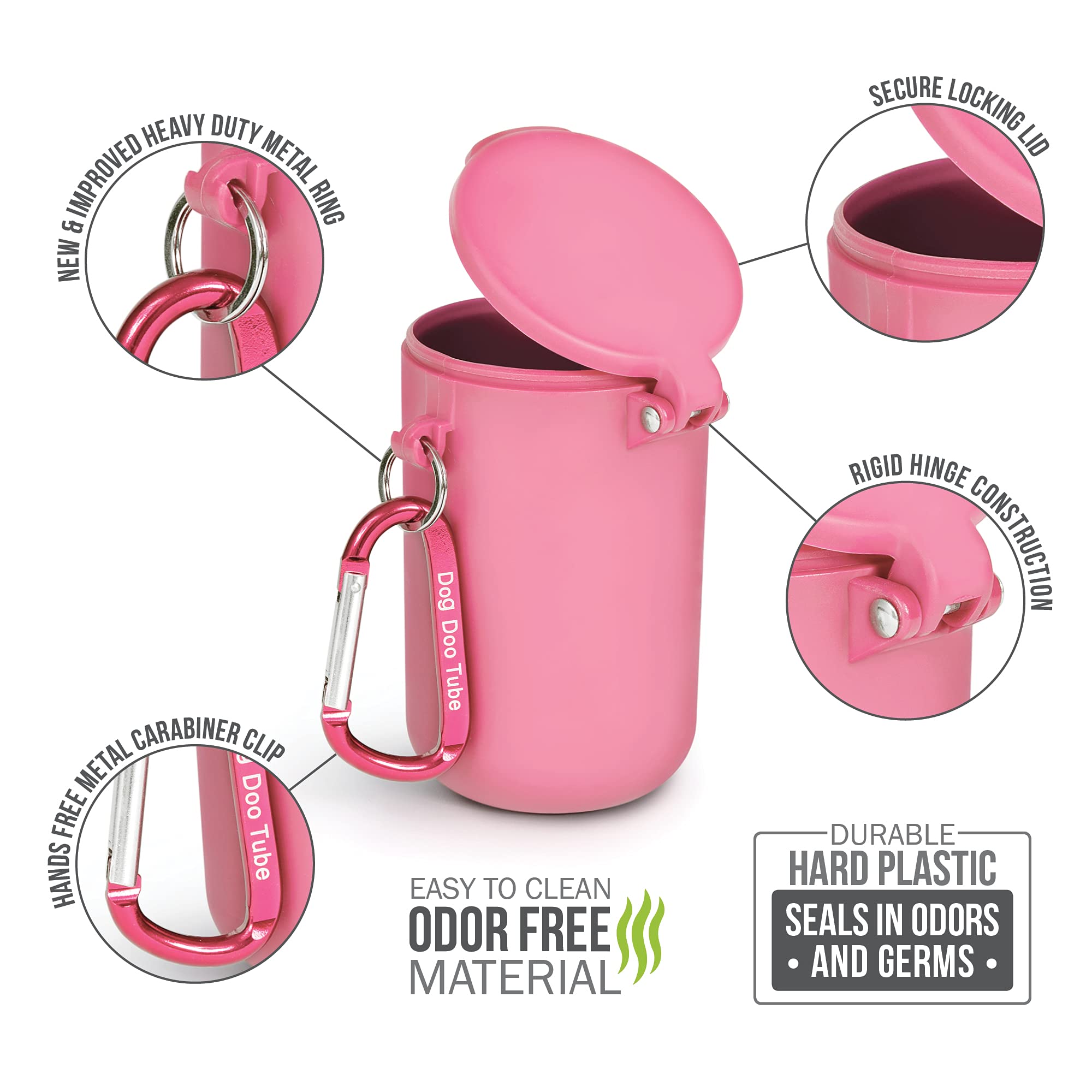 Dog Doo Tube Reusable Dog Poop Holder For Dog Walkers - Carries Used Dog Poop Bags - Tight Fitting Lid Keeps In Odors - Dog Waste Carrier - Attachable To Dog Leash, Harness Or Waist (Medium, Pink)