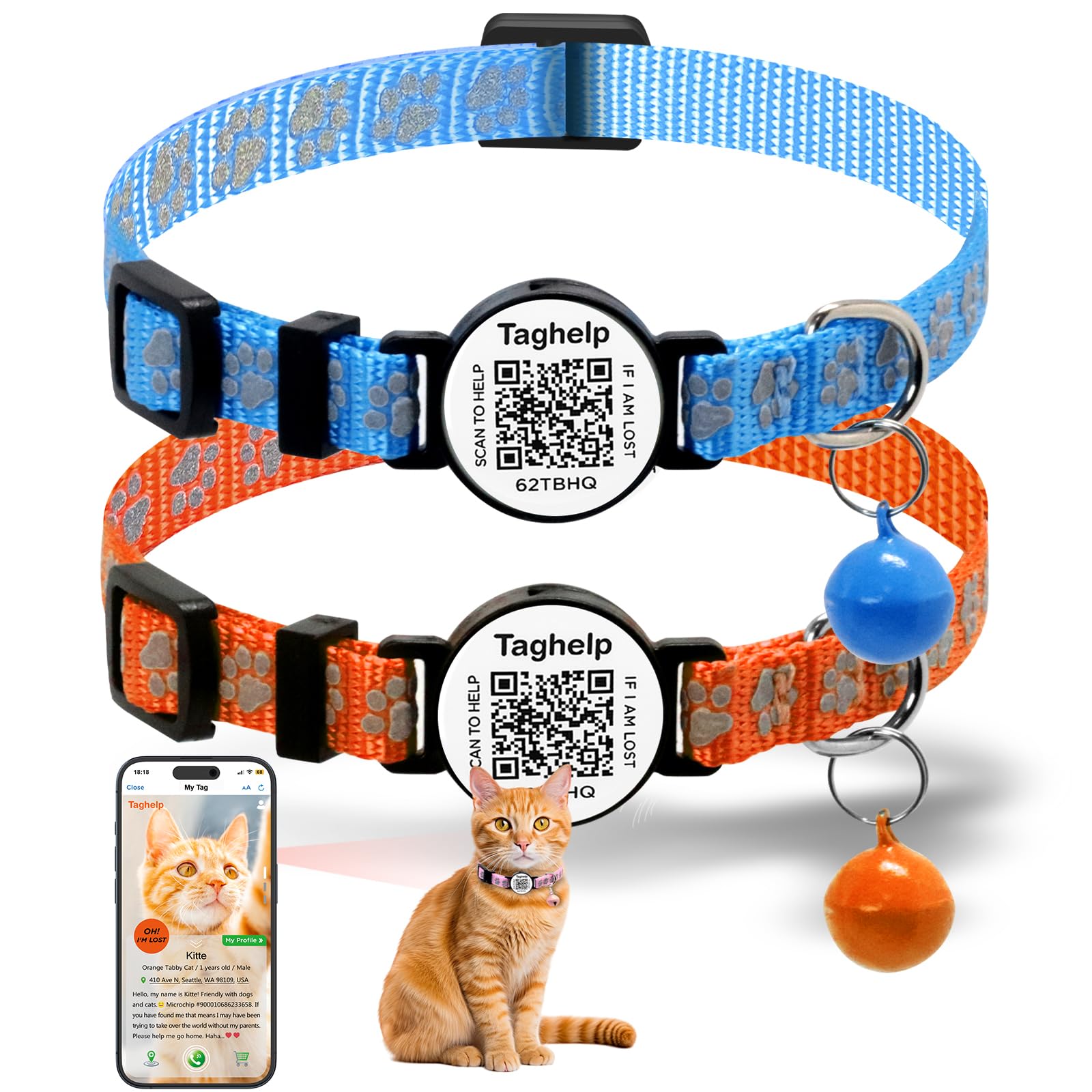 2 Pack Cat Collar With Qr Code Name Tag, Smart Qr Id Tag,Personalized Reflective Cat Collar Breakaway With Bell For Boy & Girl K