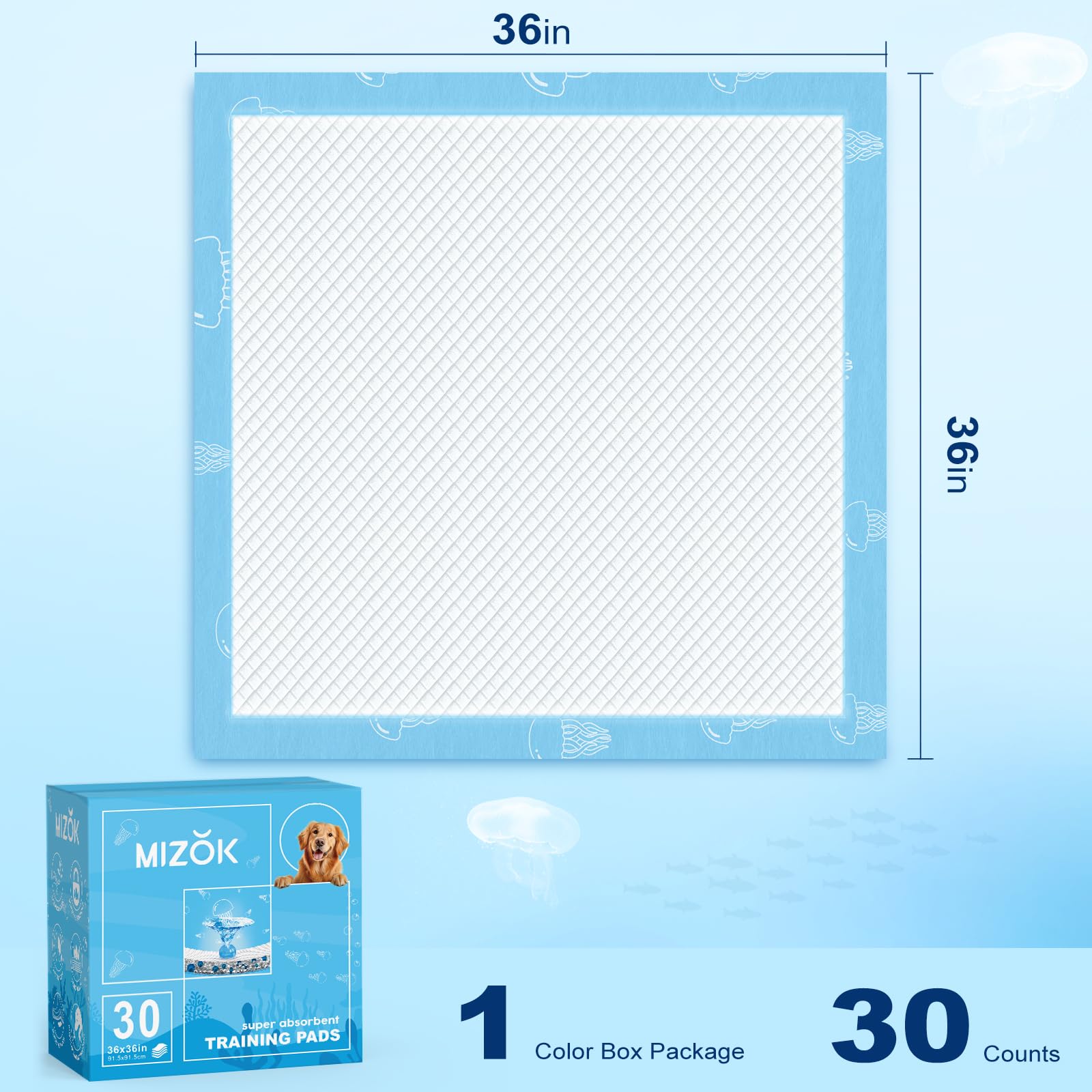MIZOK Jumbo 36x36in Dog Pee Pads, Super Absorbent, Leak-Proof, Marine Scented, Odor-Control, 30 Counts, Blue, Model MN919130
