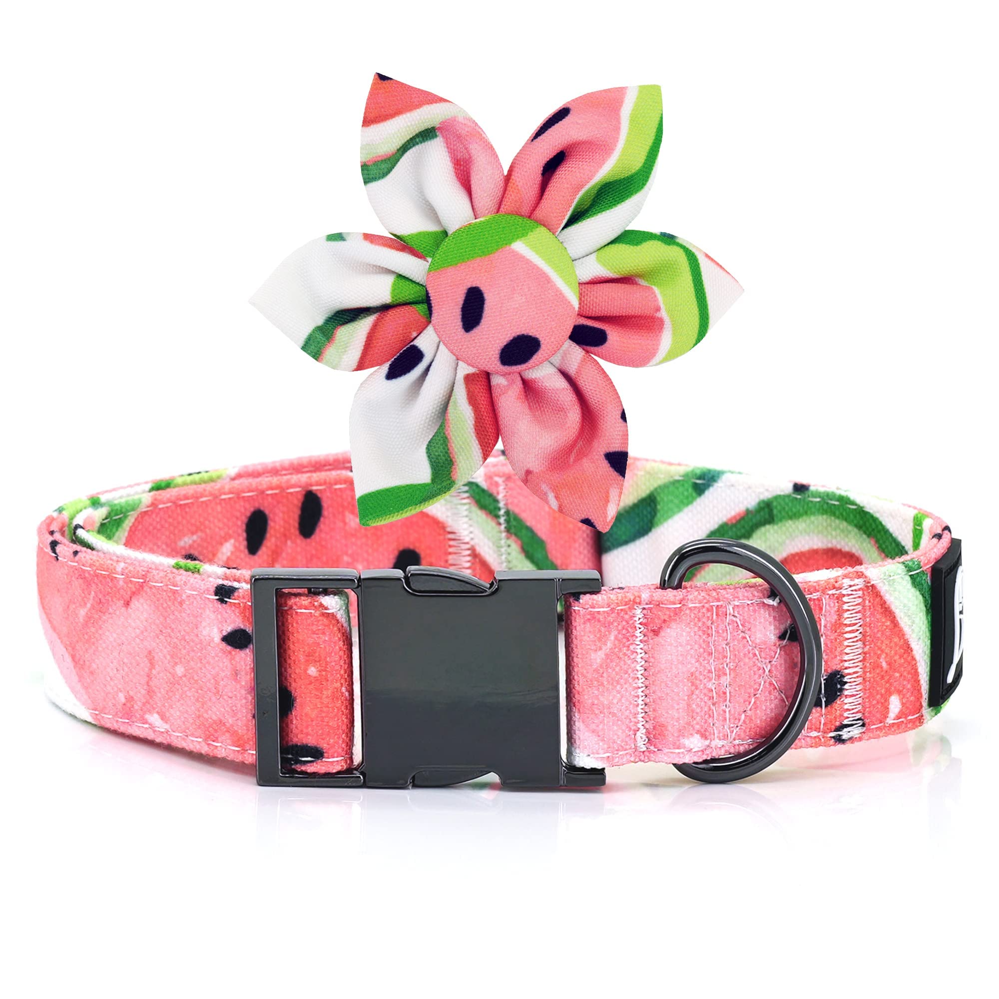 Ultra Joys Girl Dog Collars With Flower - Female Dog Collars With Comfortable Cotton Fabric & Metal Buckle In Watermelon Design 