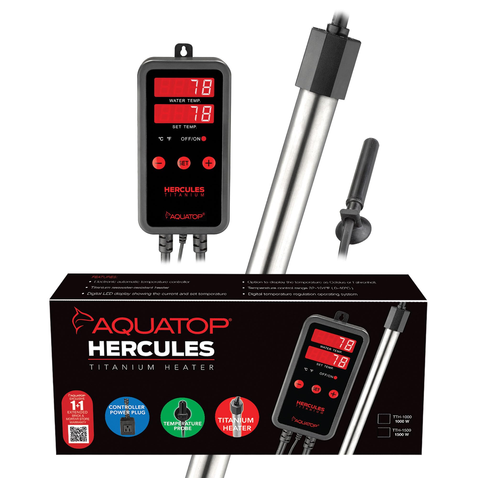 Aquatop 1000W Titanium Tube Heater With Digital Controller - Fully Submersible For 200-300 Gallon Fish Tanks, Adjustable High &