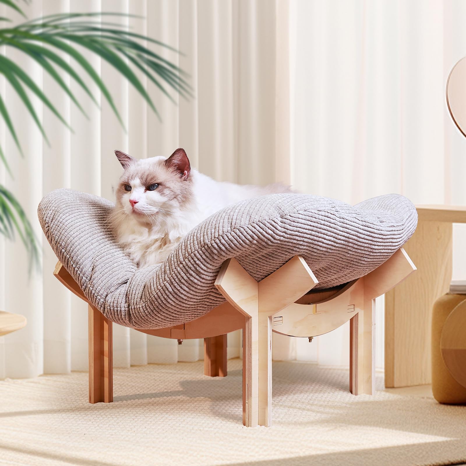 Wooden Elevated Cat Hammock Bed, Featuring A Fluffy And Warm Cuddle Bed, Wooden Cat Furniture Can Fit Cat Scratch Mat,Scratcher