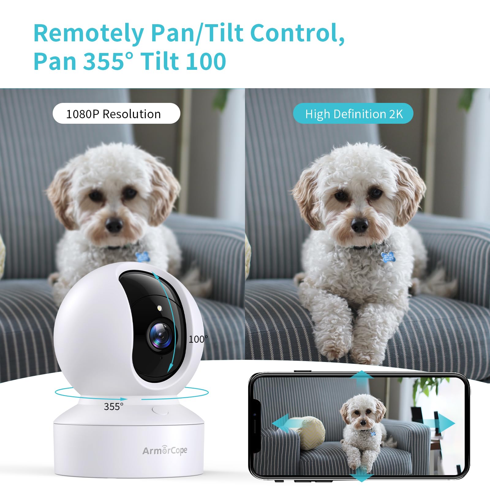 Armorcope Pet Camera, 2K Hd Dog Camera With Phone App, 360 Pan/Tilt View Puppy Cam, One Click Call For Baby Monitor, Magivpix Ni