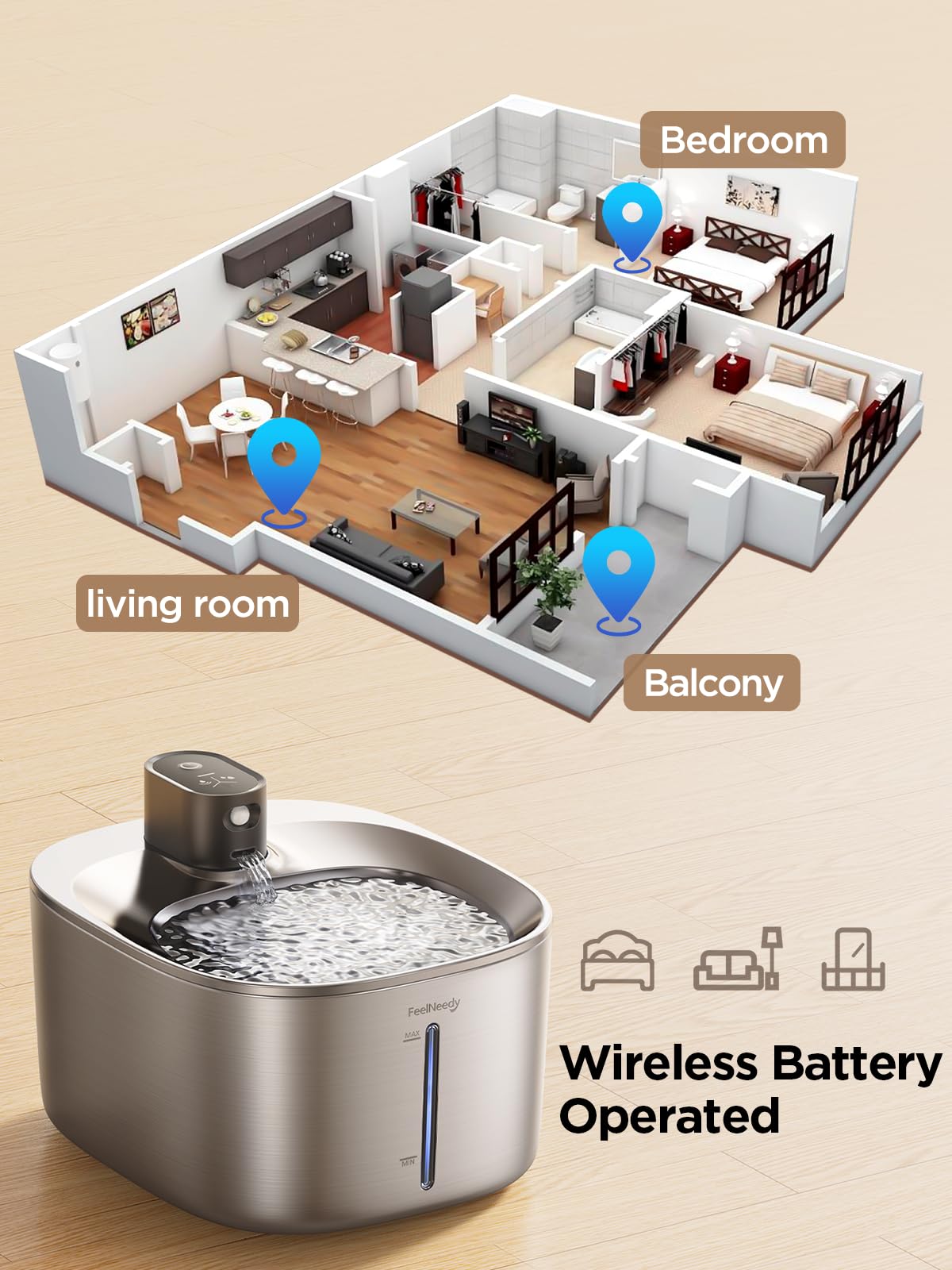 Feelneedy Wireless Cat Water Fountain Stainless Steel With Sensor, 4000Mah Battery Operated, 4L/135Fl Oz Pet Water Fountain For Cats Dogs, Ultra Quiet Cat Drinking Fountain With 2 Filters (Ypd-C004S)