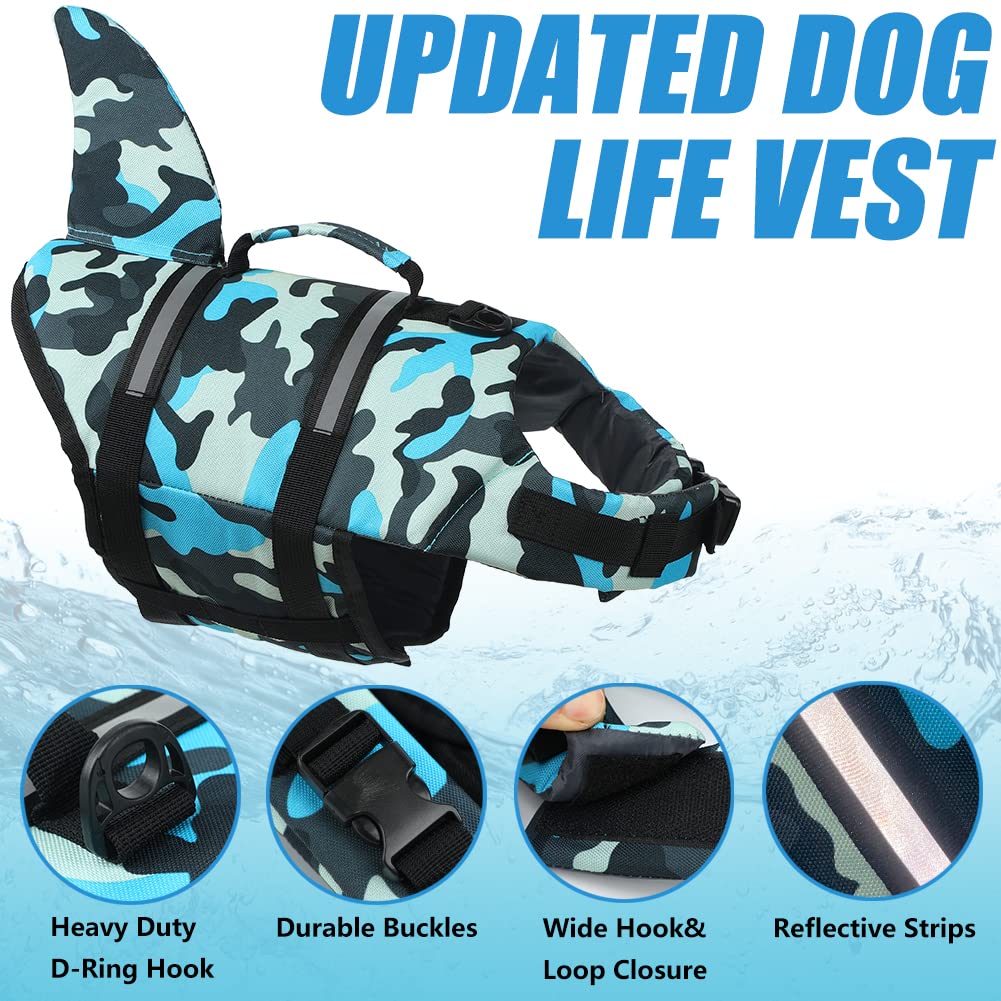 Emust Shark Life Jackets For Dogs, Adjustable Ripstop Dog Life Vest For Water Safety Pet Life Vest With Rescue Handle Safety Vest For Swimming Pool Beach Boating, (L,Blue Camouflage)