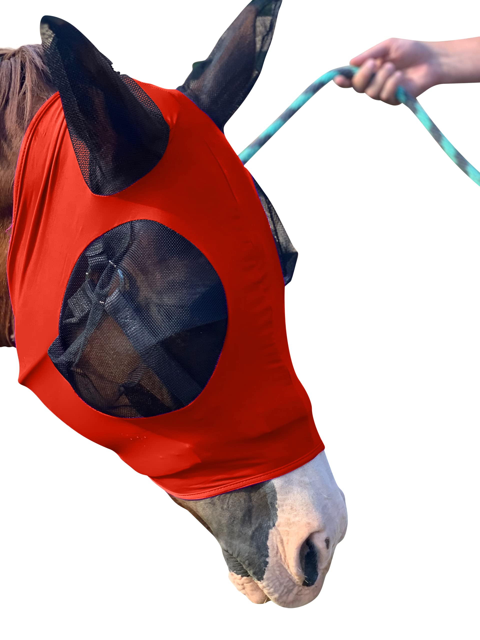 Stretchy Horse Fly Mask with Ears Comfort Fit Mesh Trail Pasture Sun UV Protection (Horse, Orange)