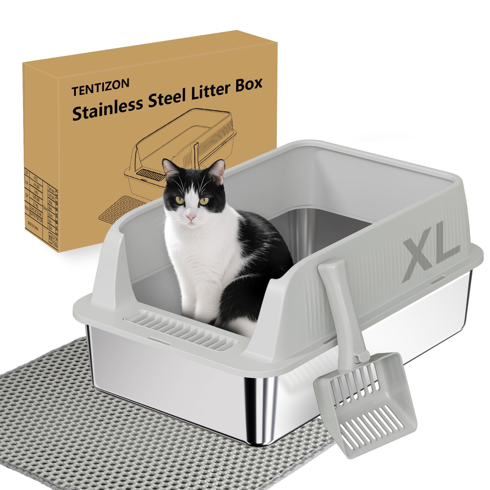 TENTIZON Large Stainless Steel Cat Litter Box, Open Top Metal Kitty Litter Tray with High Sides, Litter Mat, Scoop for Indoor Ca