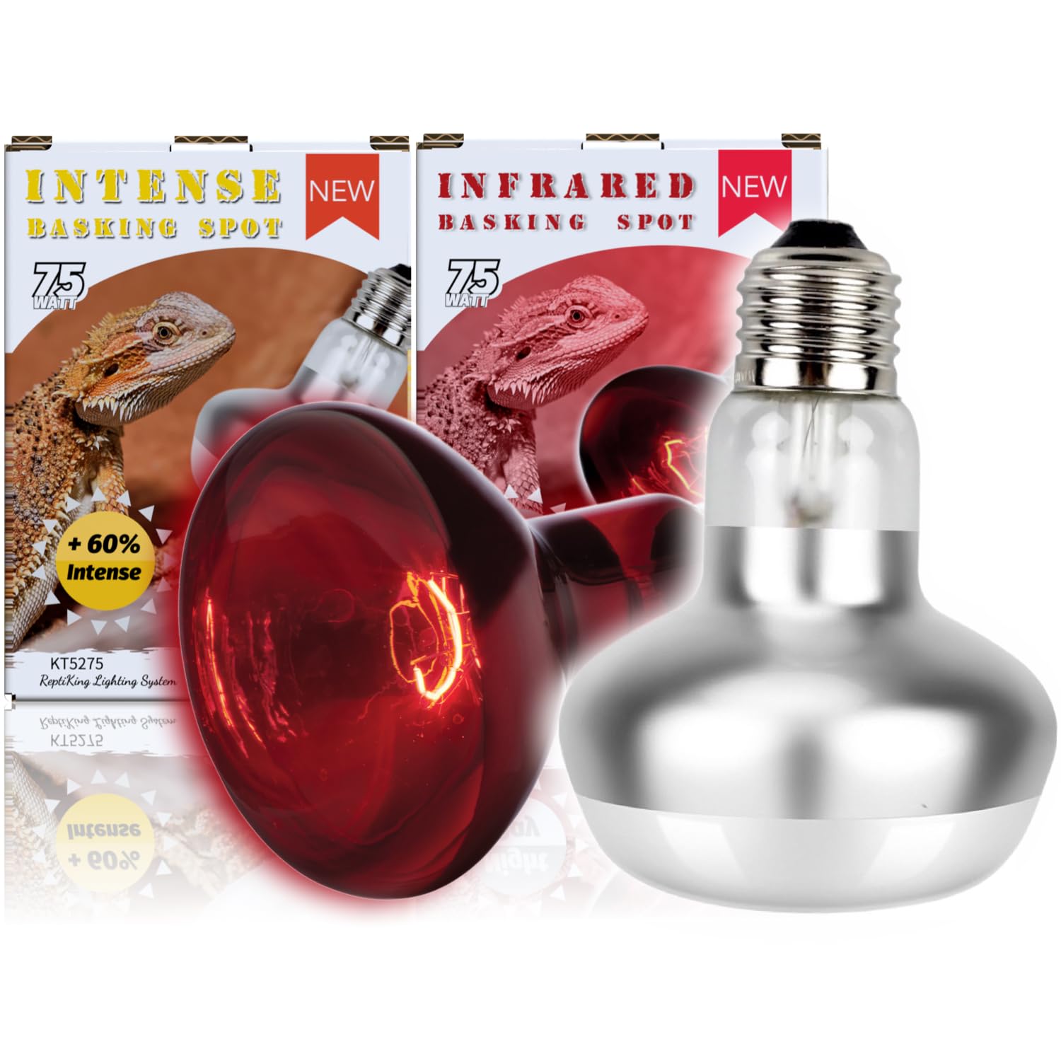 ReptiKing Reptile Heat Lamp, 2 Pack 75W Intense and Infrared Basking Bulbs Light for Reptiles, UVA Daylight Night Red Basking Li