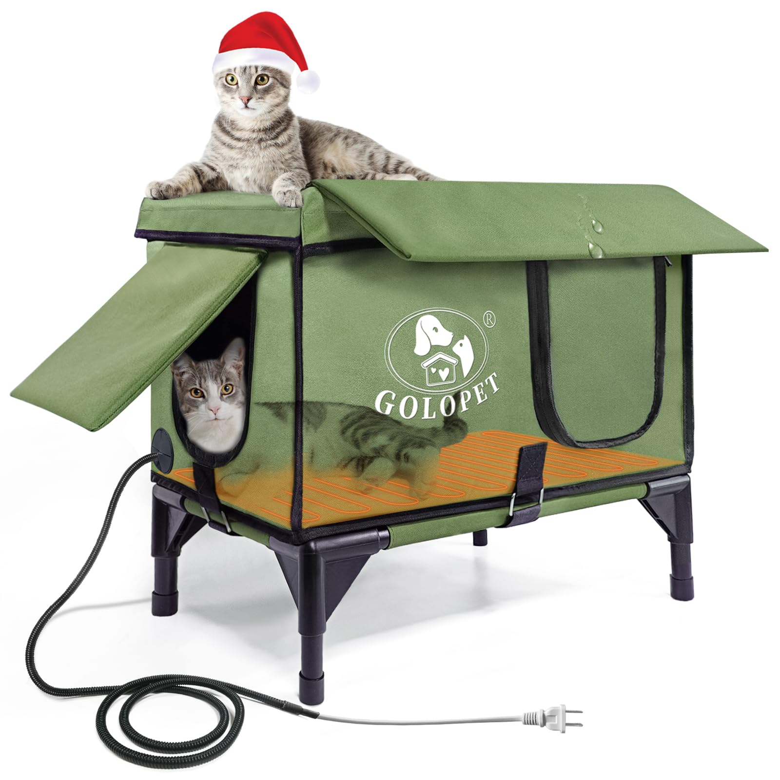 Golopet Elevated Heated Cat House For Outside Winter, Addition Of Rain-Proof Eaves,Waterproof & Insulated Feral Cat Shelter With