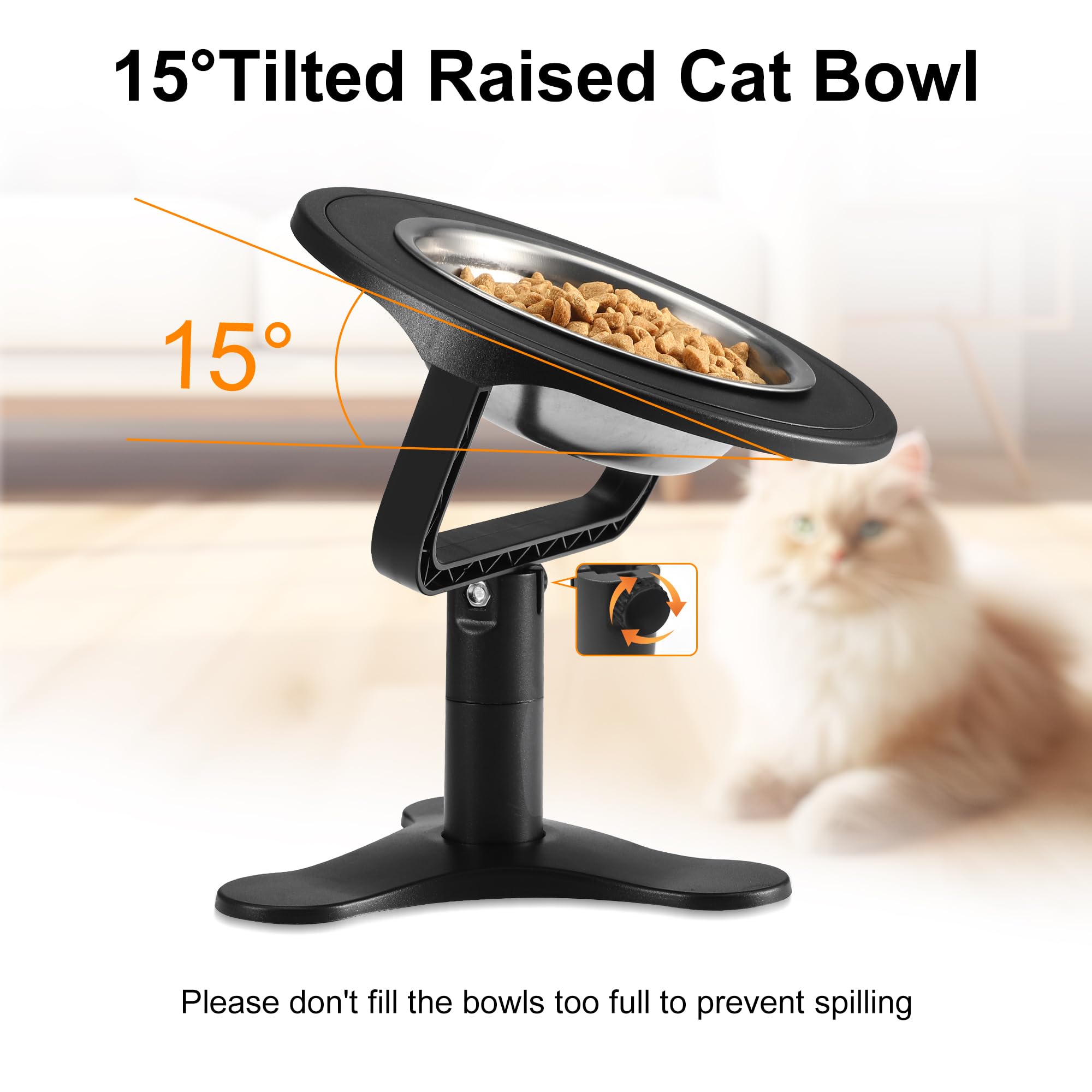 Elevated Cat Bowls with Adjustable Stand,15 Tilted Stainless Steel Non-Slip Feeder for Indoor Cats (2-Pack, Black)