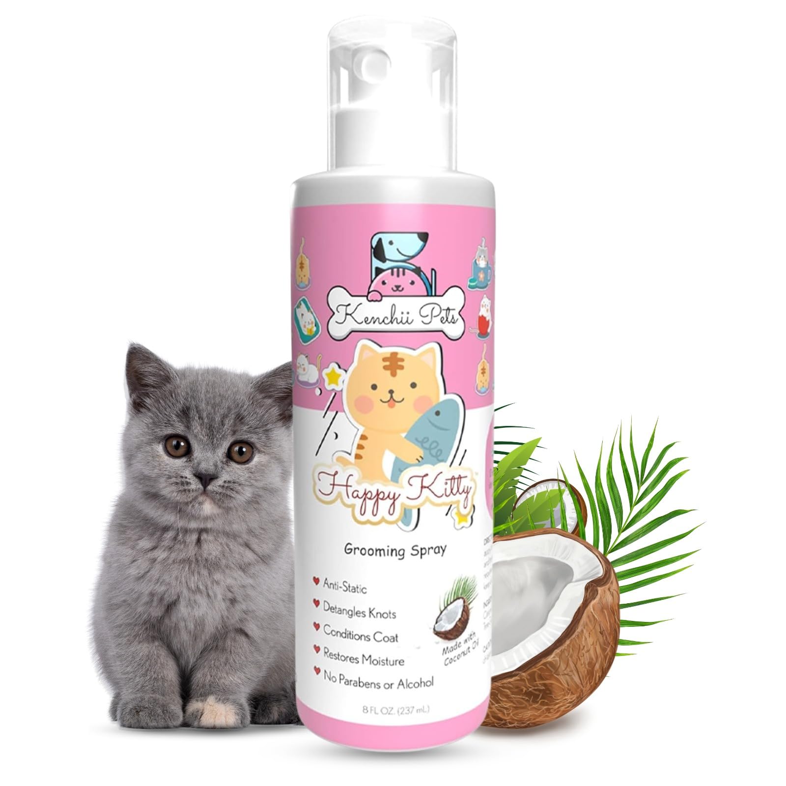 Professional Pet Grooming Spray For Kittens And Cats | All-Natural Scented Moisturizing Cat Detangler Spray | Kitten Conditioner