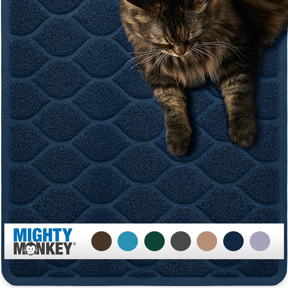 Mighty Monkey Waterproof Bpa Free Cat Litter Box Trapping Mat, Easy Clean Floors, Textured Baking, Soft On Sensitive Kitty Paws, Cats Accessories, Less Waste, Stays In Place, 35X23, Navy