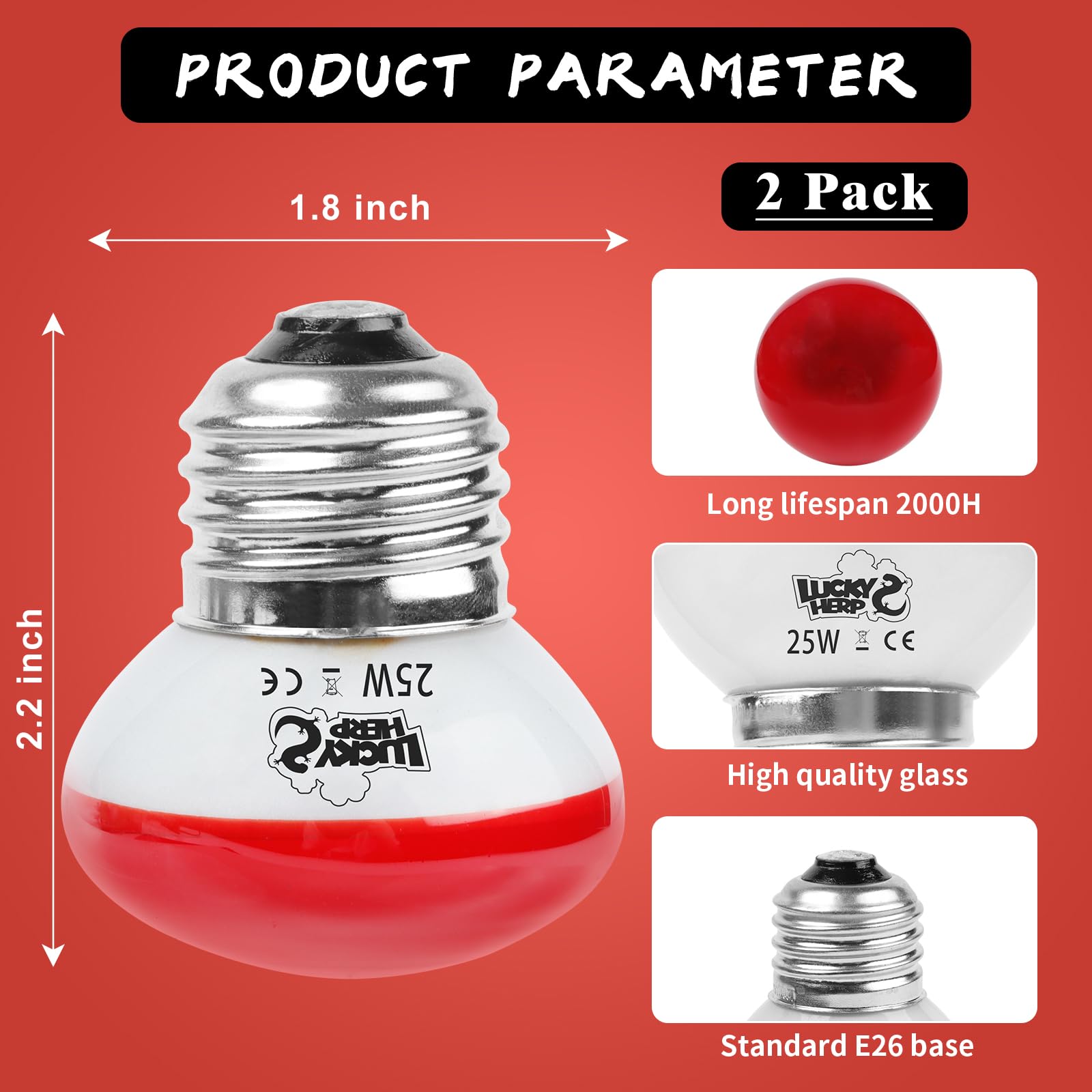 LUCKY HERP Infrared Heat Lamp, 25W Reptile Heat Lamp 2 Pack Red Heat Lamp Bulbs, Infrared Basking Spot Heat Light Bulb, Amphibia