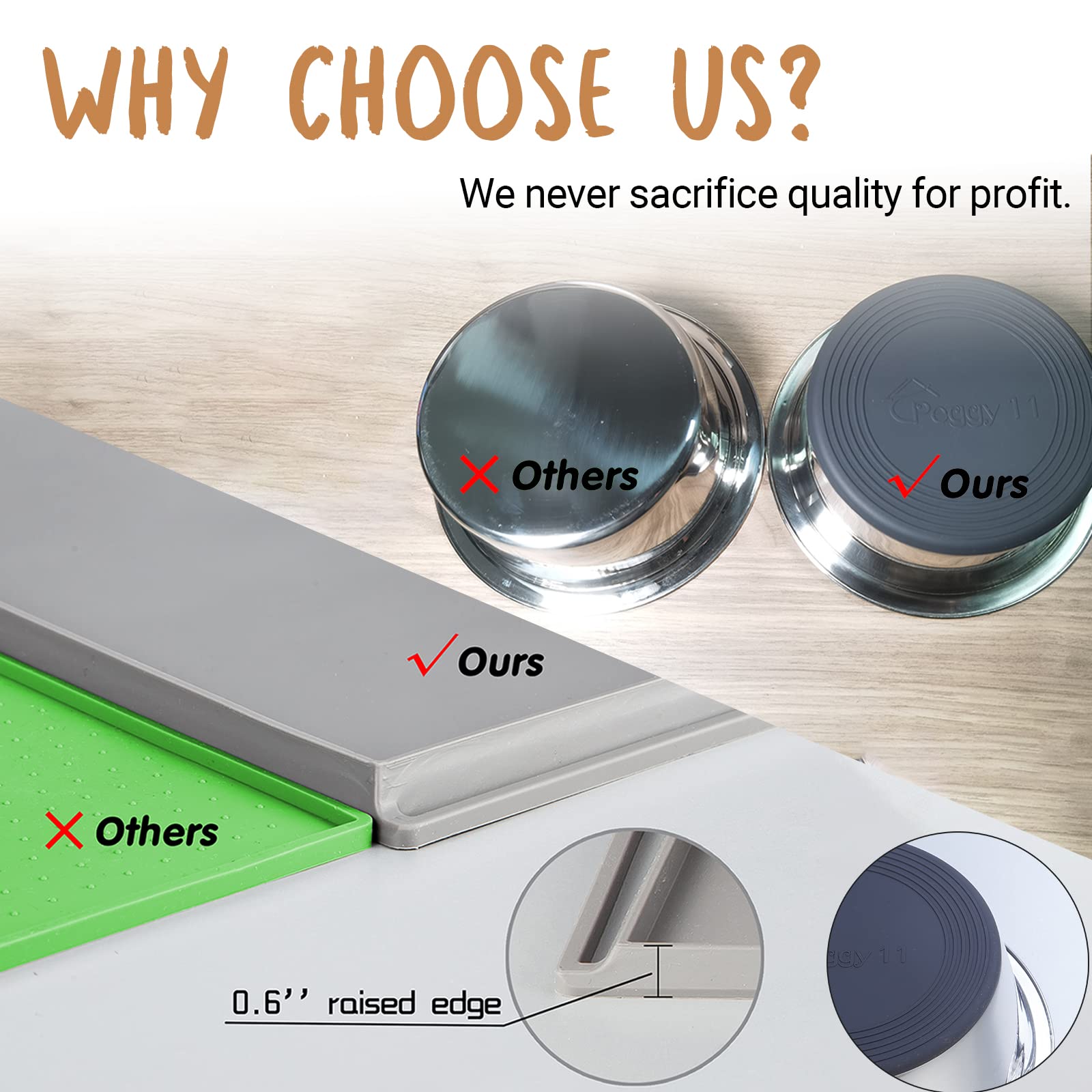 PEGGY11 Deep Stainless Steel Anti-Slip Dog Bowls with Silicone Mat - 2 Bowls + Mat, 6 Cups