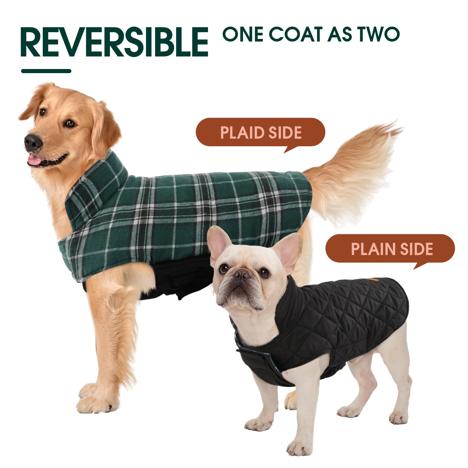 Kuoser Plaid Dog Vest Winter Coat, Waterproof & Windproof, Large (Green) - Reversible Jacket for Small to Large Dogs