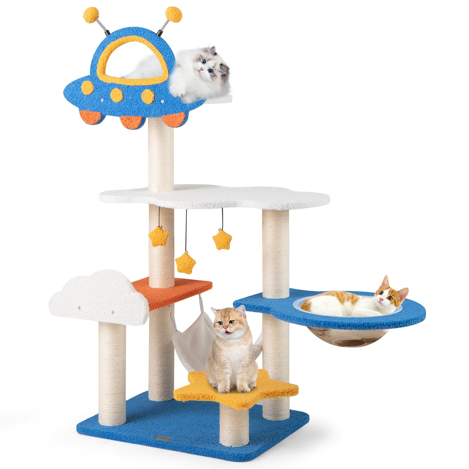 PETSITE 49-inch Cat Tree for Indoor Cats, Space-Themed Multi-Level Cute Cat Tree Tower with Sisal Scratching Posts, UFO Top Perc