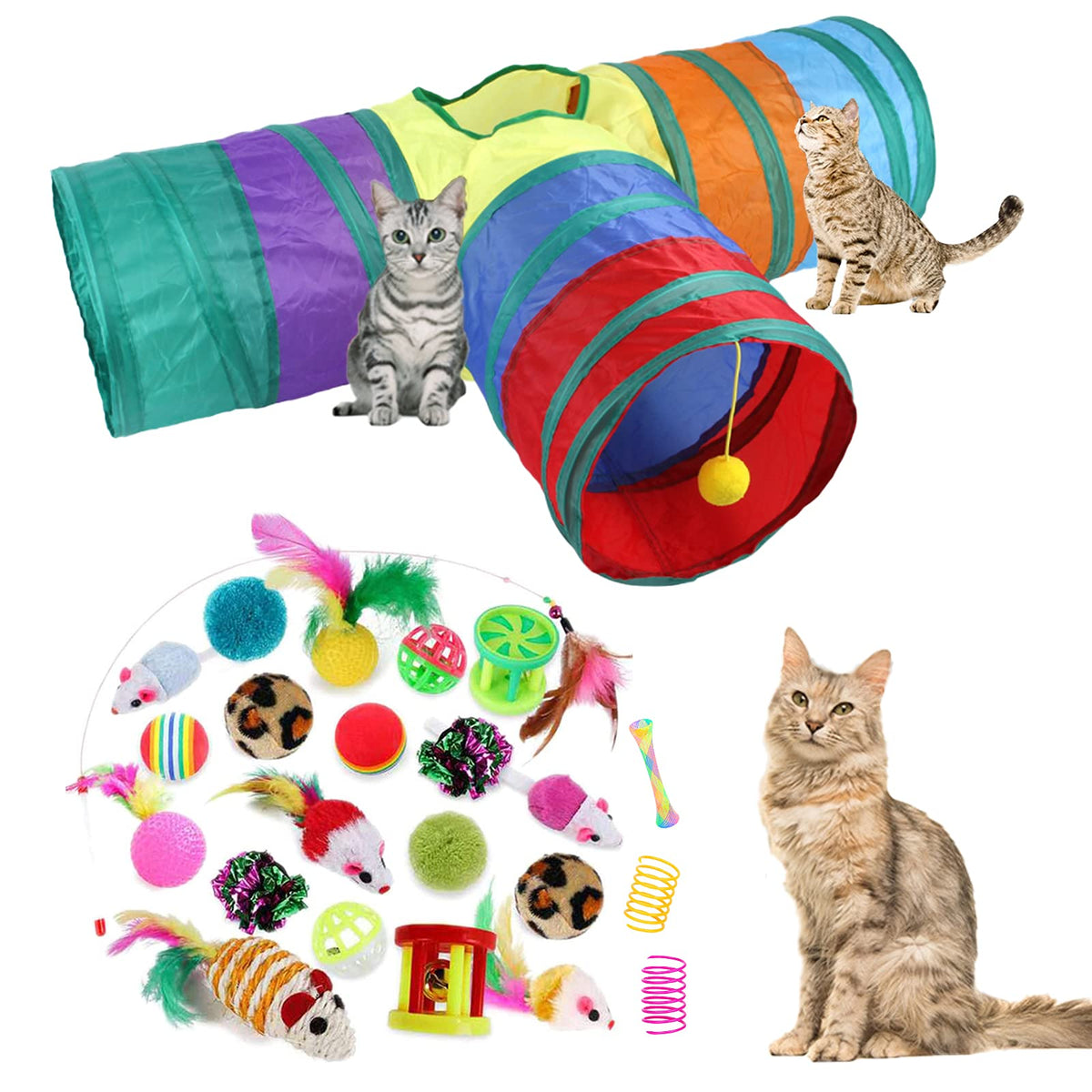 32Pcs Cat Toys Kitten Interactive Pet Toys Assortments, Foldable Rainbow Tunnel, Teaser Wand Fluffy Mouse Crinkle Balls Bell Pla