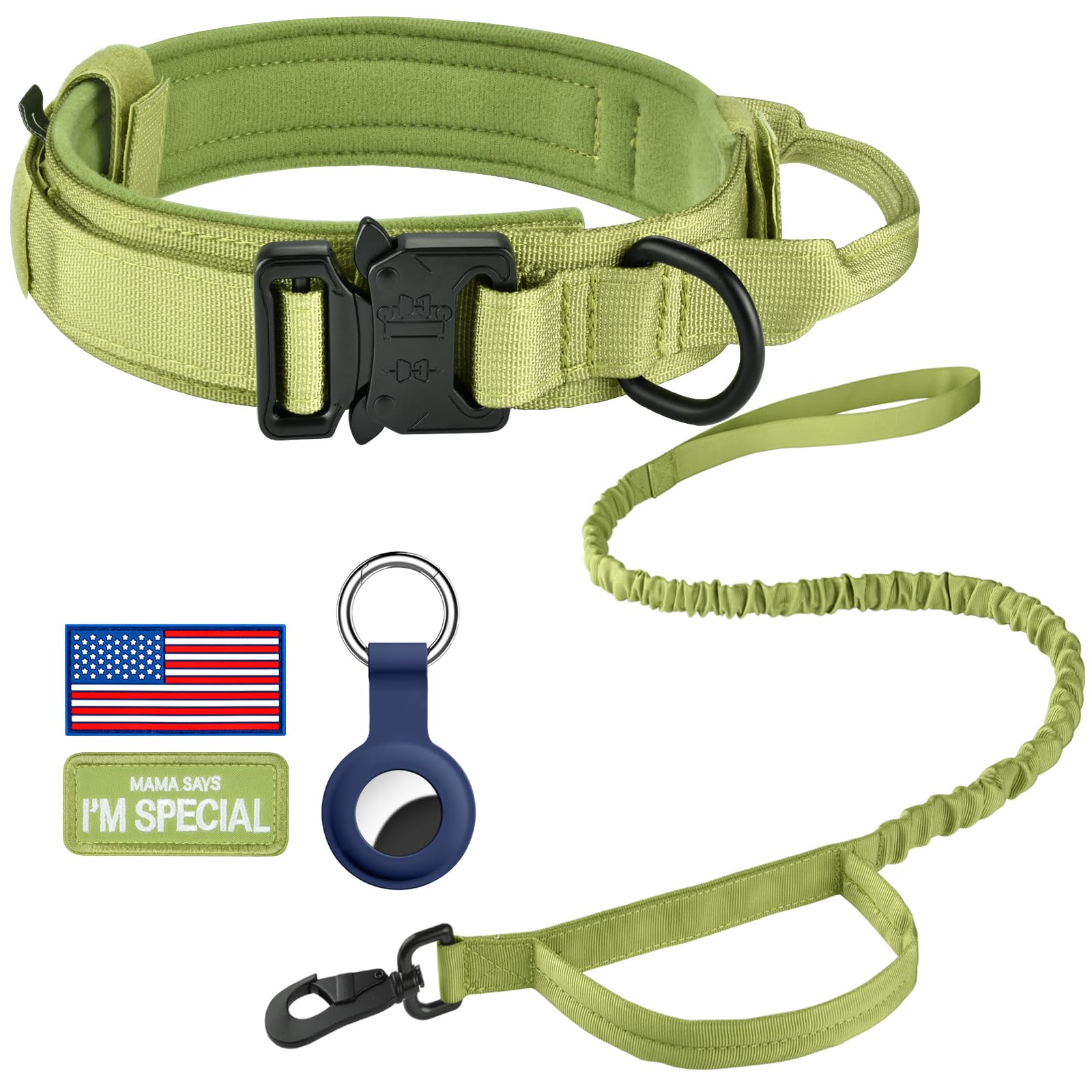 Daganxi Tactical Dog Collar, Adjustable Military Training Nylon Dog Collar With Control Handle And Heavy Metal Buckle For Medium And Large Dogs, With Patches And Airtags Case (L, Spring Grass-Set)