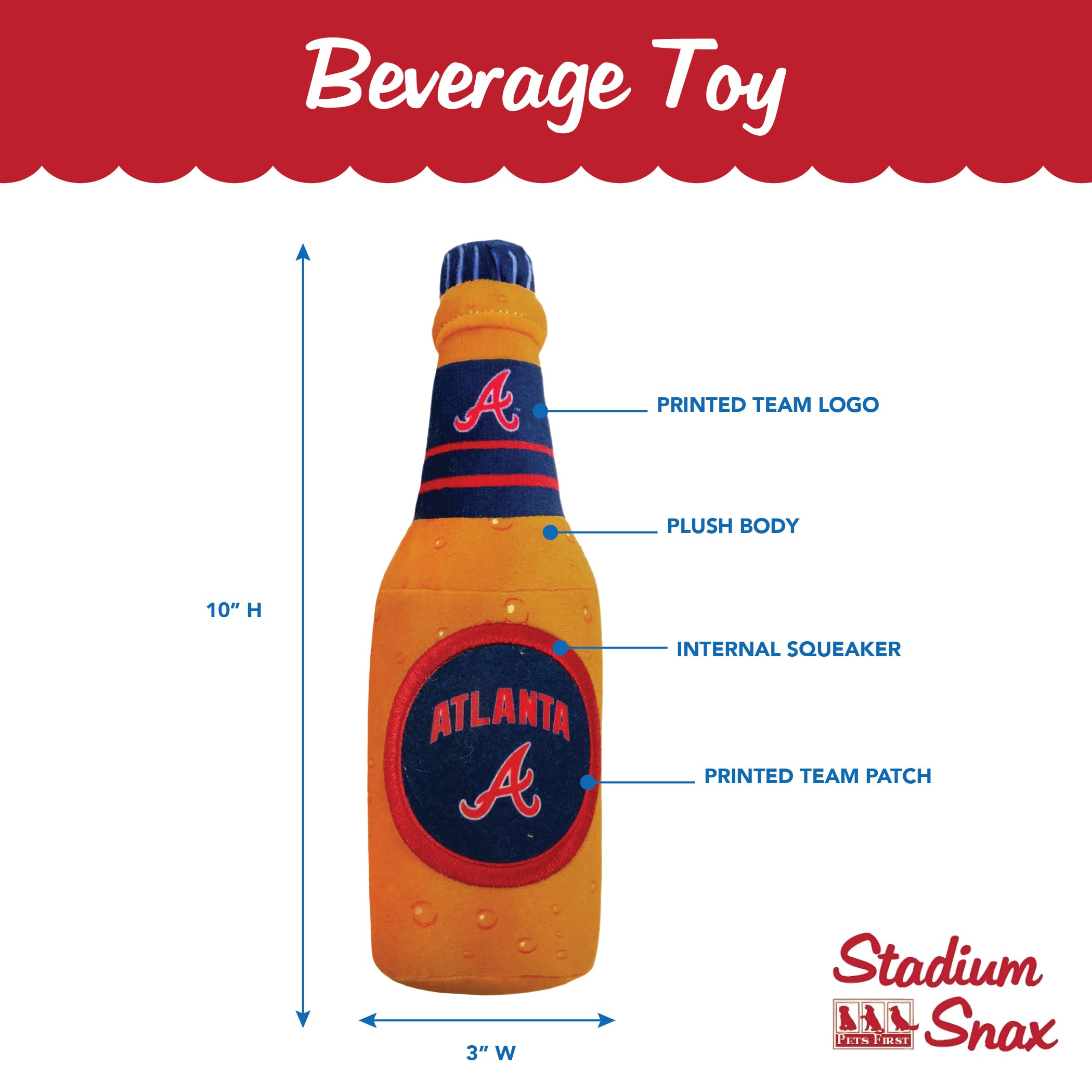 Pets First Mlb Atlanta Braves Stadium Beer Bottle Plush Dog Toy-Cutest Plush Toy For Dogs & Cats With Inner Squeaker & Premium E
