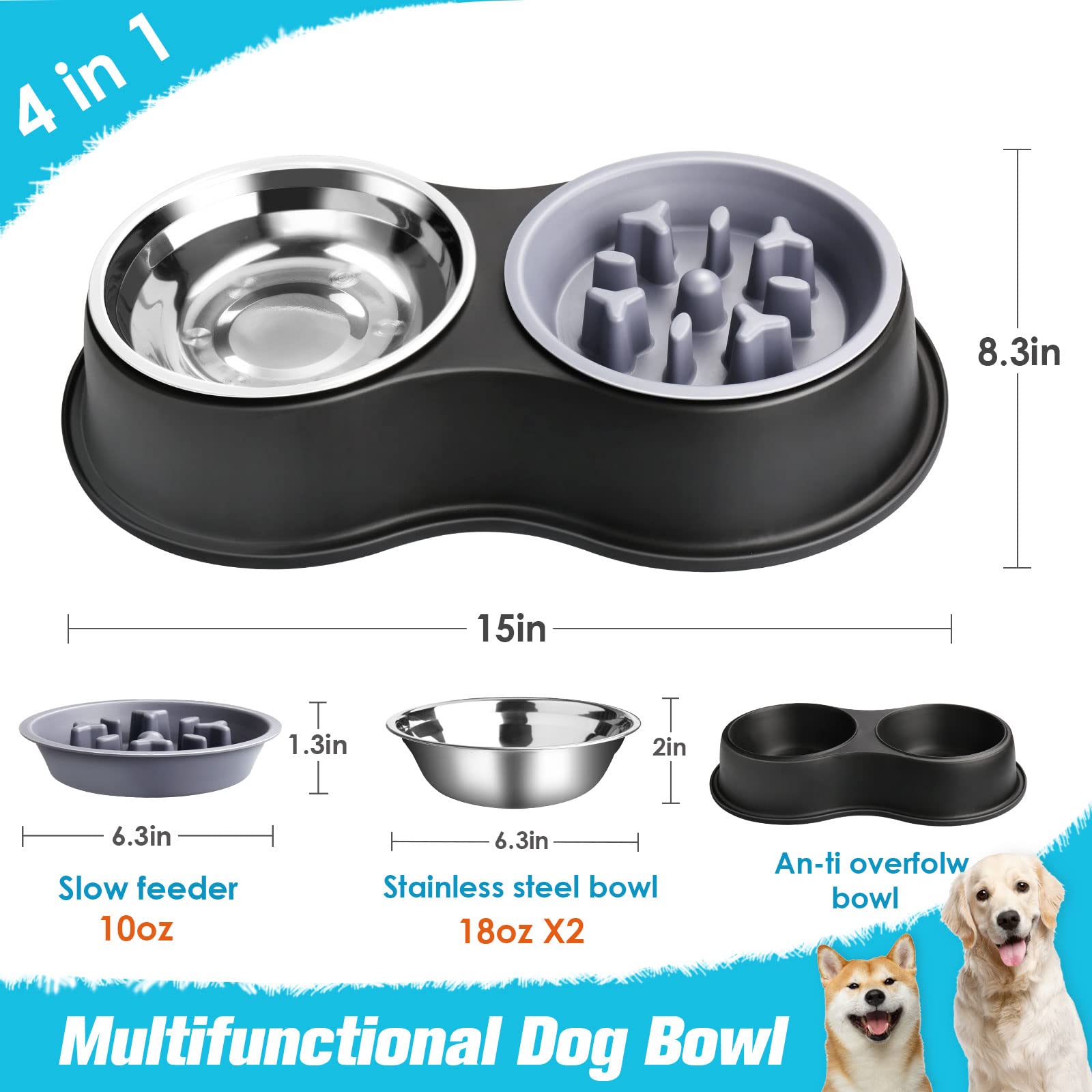 Dog Bowls Double Dog Water and Food Bowls Stainless Steel Bowls with Non-Slip Resin Station, Pet Feeder Bowls for Puppy Medium D