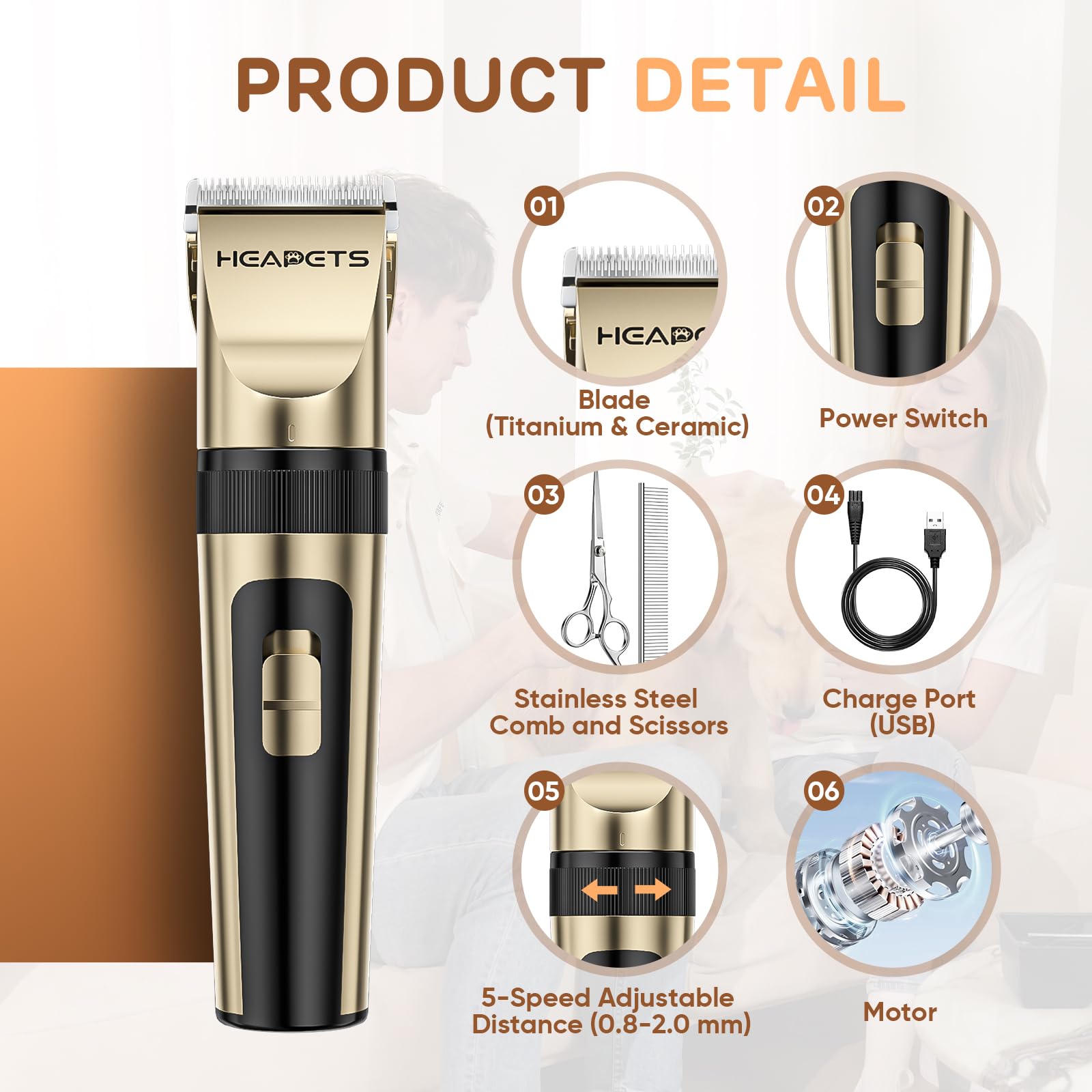 Heapets Dog Grooming Clippers, Low Noise, Electric Quiet, Adjustable Clipper Comb, Rechargeable Cordless Dog Hair Clippers For D