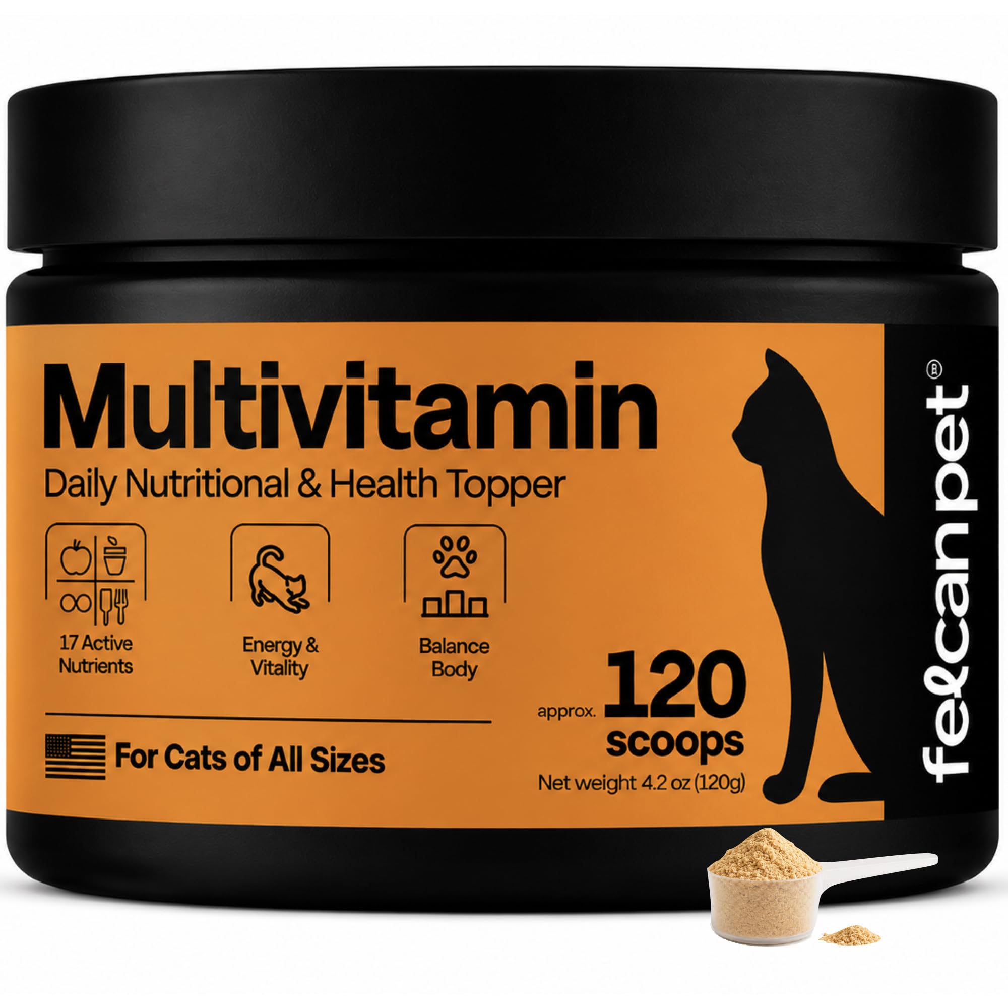 Felcan Pet Daily Cat Food Topper - Cat Multivitamin Powder with 17 Active Nutrients, Taurine, Omega 3 & Glucosamine - Mixes Easi