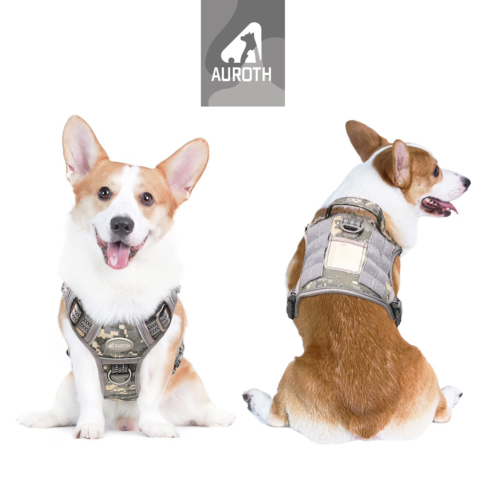 Auroth Tactical Dog Harness For Small Medium Large Dogs No Pull Adjustable Pet Harness Reflective K9 Working Training Easy Control Pet Vest Military Service Dog Harnesses Medium Grey Camo