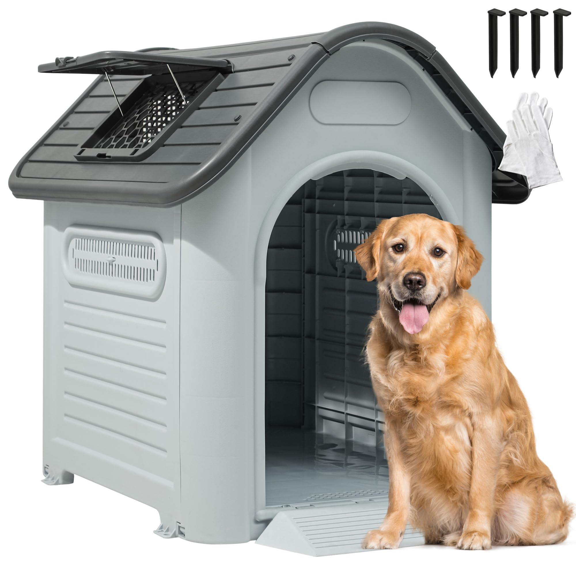 Yitahome 39.4'' Large Dog House Outdoor Plastic Doghouse Water Resistant Pet House With Adjustable Skylight And Elevated Base Fo