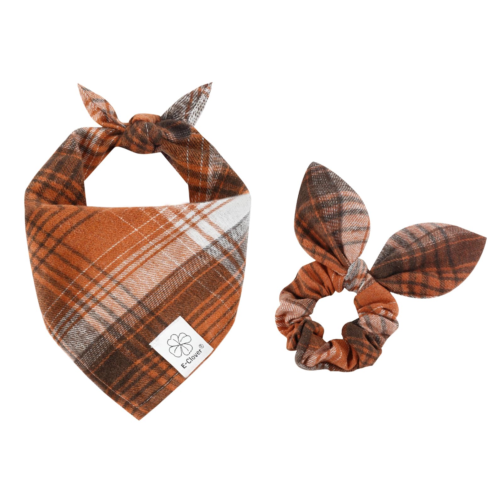 E-Clover Brown Plaid Dog Bandana & Matching Scrunchie-Fall Dog Bandana Triangle Plaid Pet Scarf Bib For Small Dogs Puppy Girl Bo