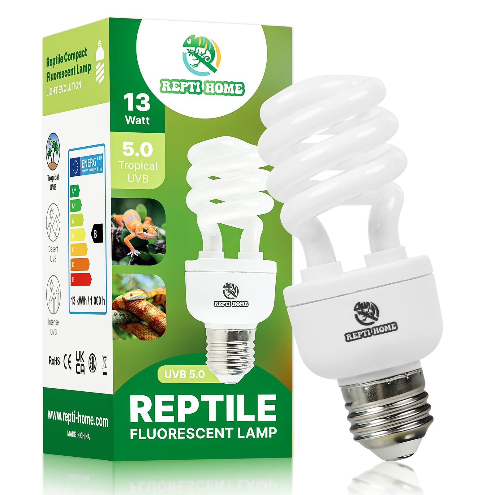 Repti Home Uvb Reptile Light 5.0, 13W Tropical And Sub-Tropical Uva Uvb Bulb For Reptiles, Tropical Terrarium Compact Fluorescen