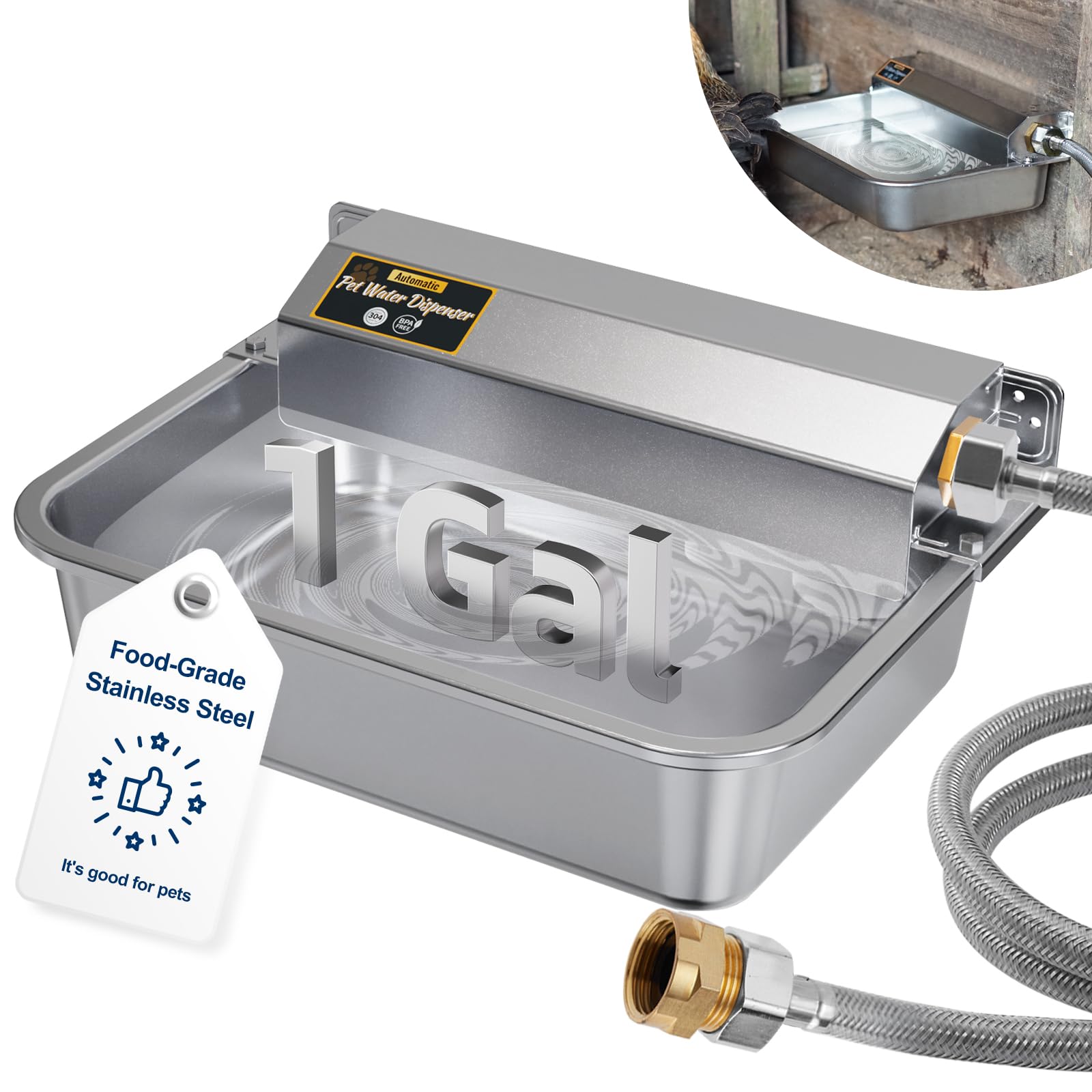 PETHIND 1Gal/3.8L Automatic Water Dispenser for Dogs, Patented Automatic Dog Waterer for Indoor/Outdoor, Stainless Steel Water B
