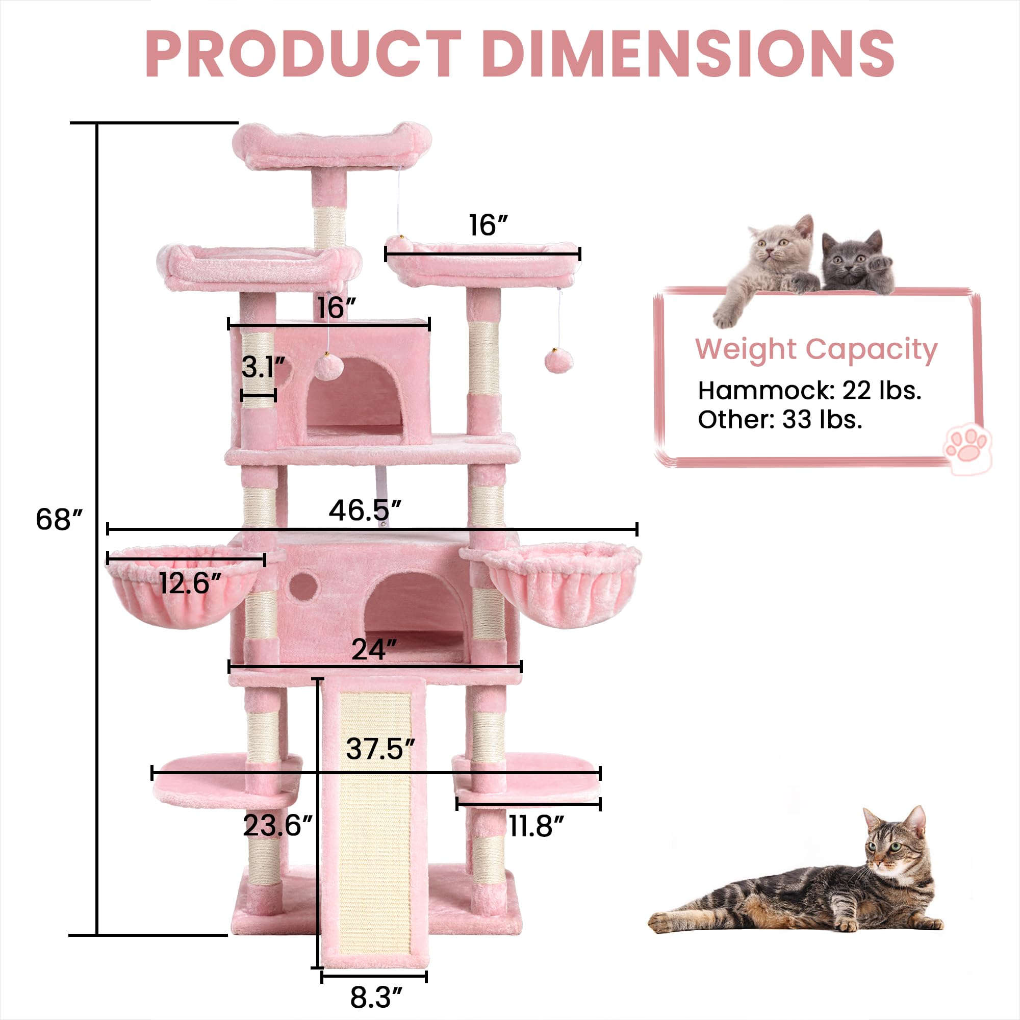 Sha Cerlin 68 Inches Multi-Level Large Cat Tree For Large Cats/Big Cat Tower With Cat Condo/Cozy Plush Cat Perches/Sisal Scratching Posts And Hammocks/Cat Activity Center Play House, Pink
