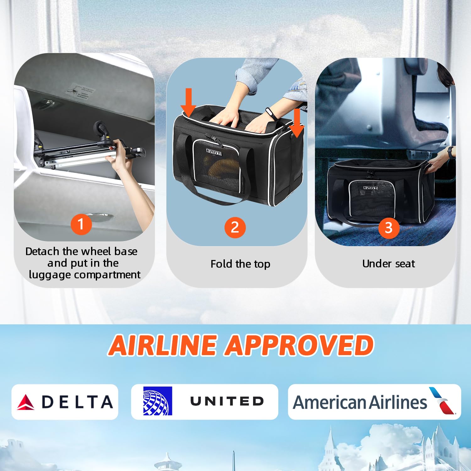 Petskd Top-Expandable Pet Carrier With Wheels 18X11X11 Inches Delta American United Airline Approved, Soft-Sided Carrier For Sma