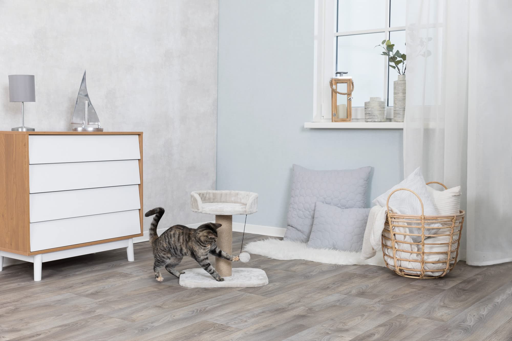 Trixie Mica Cat Scratching Post 18.1 Inch - Cat Scratcher With Soft Fabric Covering Base And Durable Sisal Rope - With Padded Platform & Dangling Cat Toy - In Greige