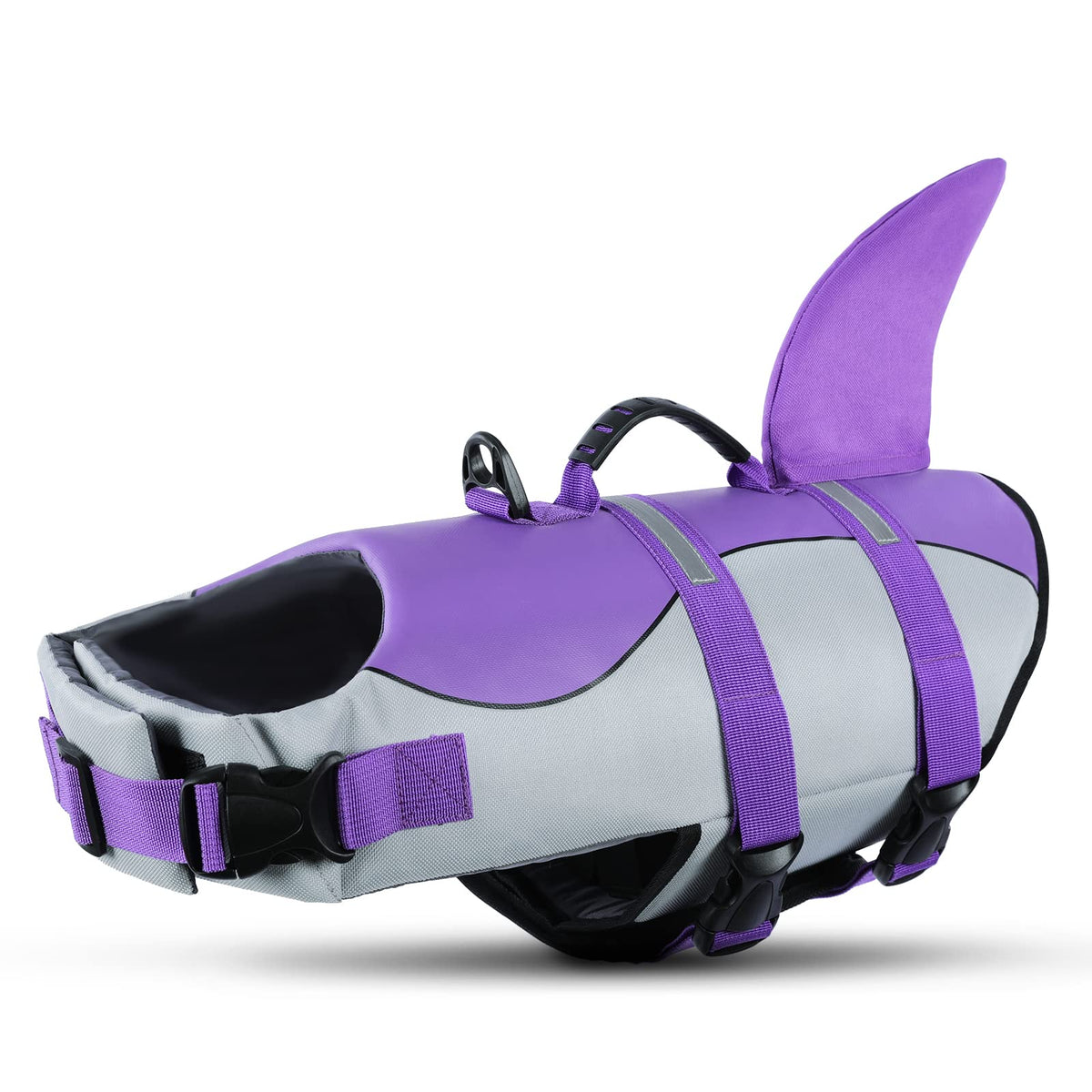 Queenmore Dog Shark Life Jacket With Rescue Handle - Adjustable Reflective Dog Life Preserver For Large Dogs, Purple Xl