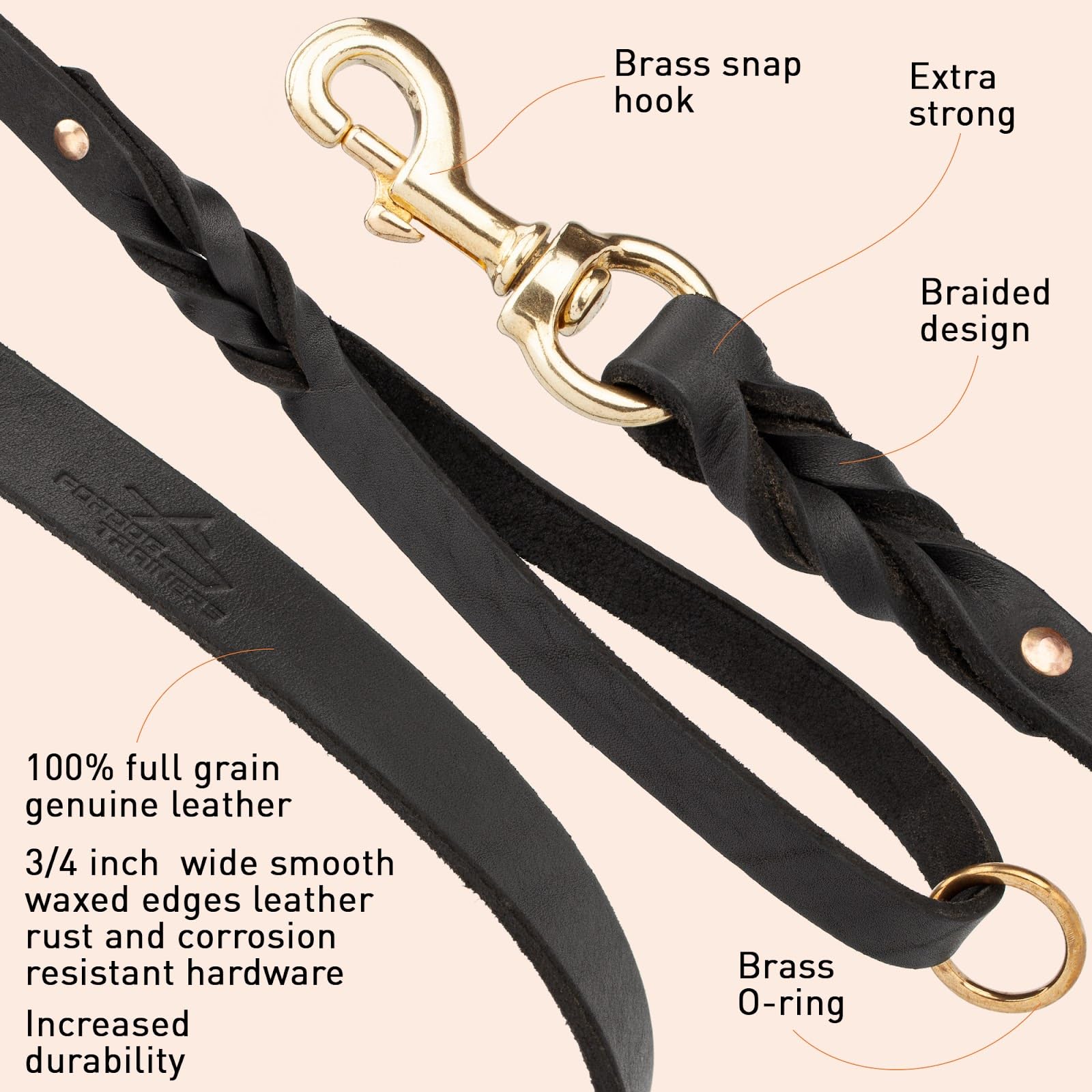 Viper Leather Dog Leash 4Ft, Dog Training Leash With Brass Hardware, Leather Leash For Dogs Large Medium Small Breeds (W 3/4 -