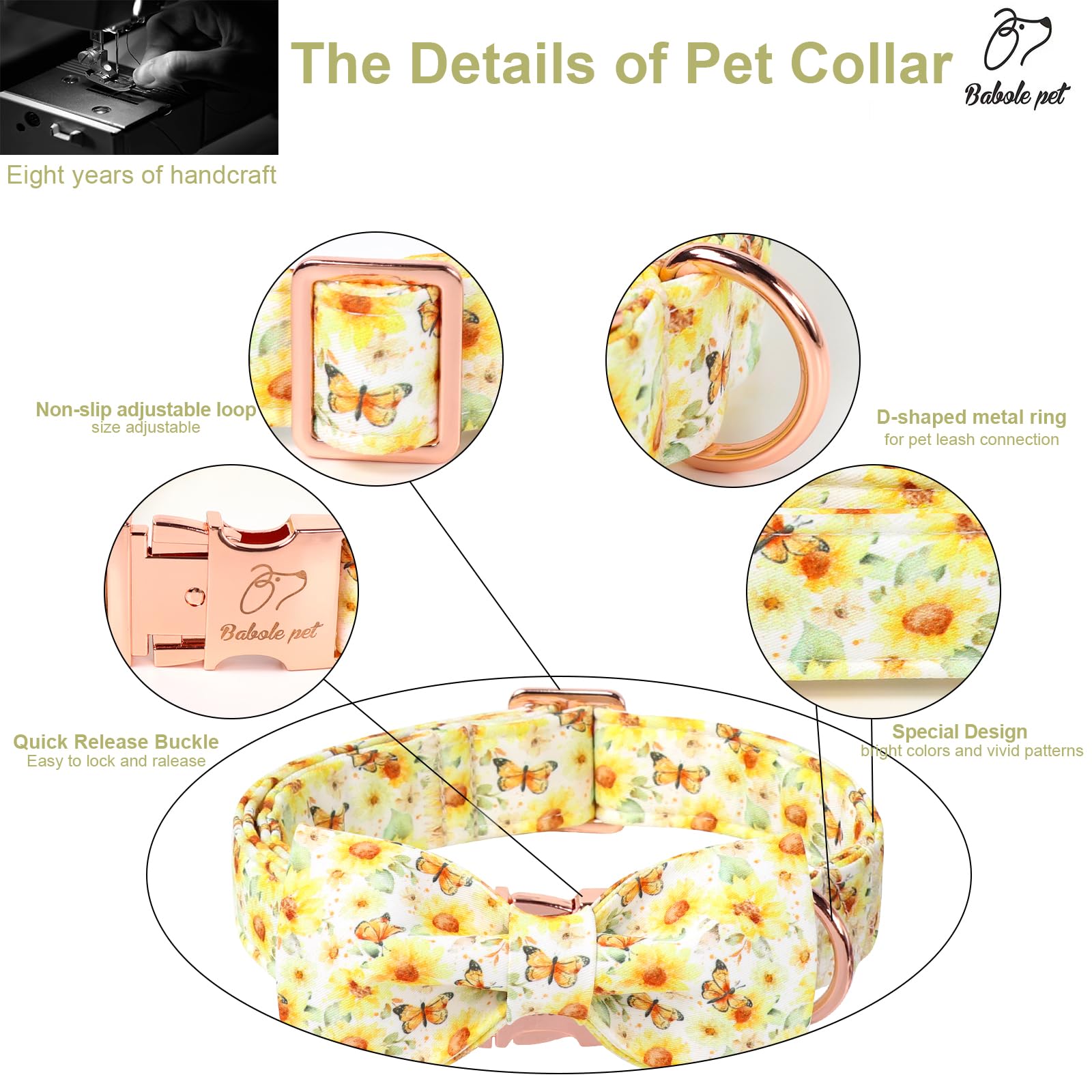 Babole Pet Floral Dog Collar With Bow Tie - Adjustable Yellow Sunflower Bowtie Collar Breathable Comfort Spring-Summer Dog Colla