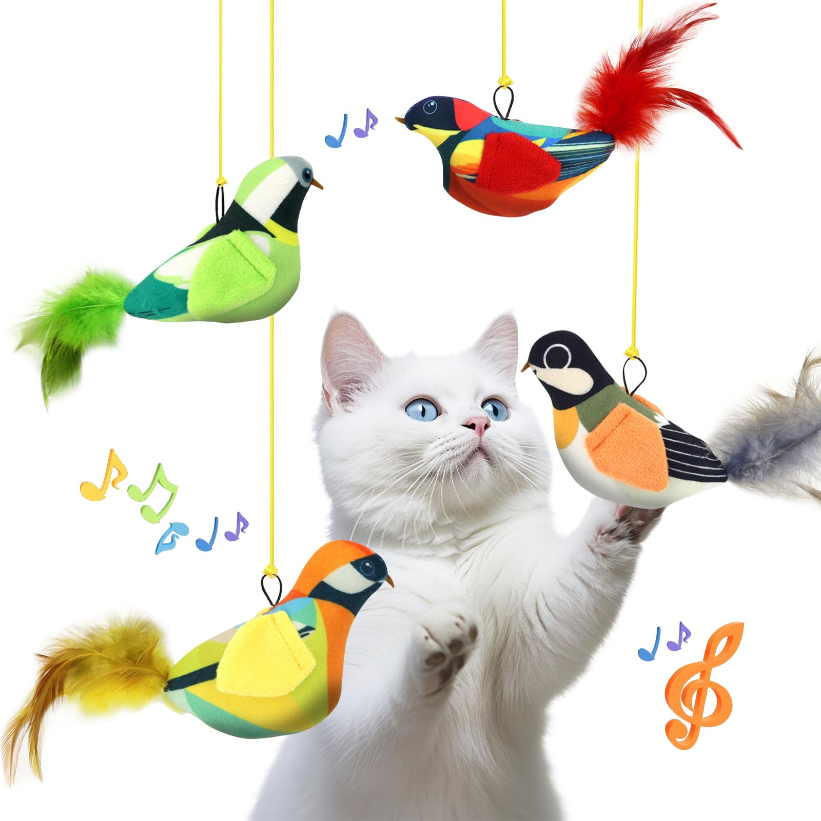 4Pcs Interactive Hanging Bird Cat Toys Set - With Catnip, Realistic Chirping, Lifelike Birdie Tweets, Durable & Safe, Indoor Kit