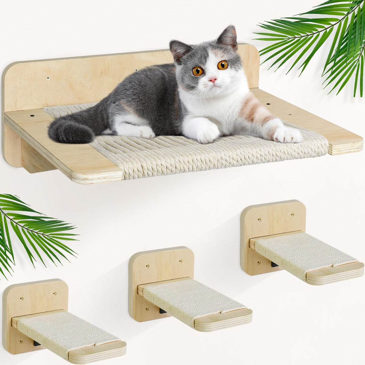 Kitty City Wall Mounted Cat Shelves With 3 Steps, Hemp Rope Scratching Posts And Perches - Indoor Cat Climbing Furniture