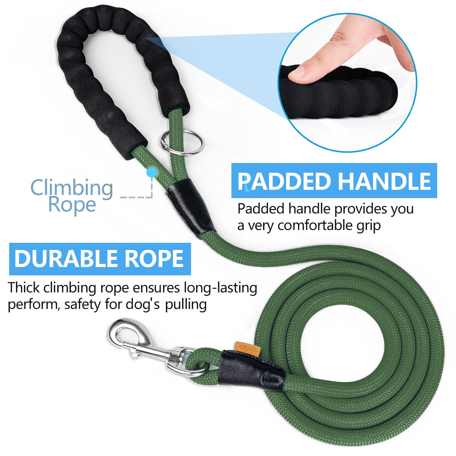 Aiminto Dog Leash, Braided Rope Traction - Walking Training Lead for Medium/Large Dogs ((1/2 '') x 6FT, Dark Green)