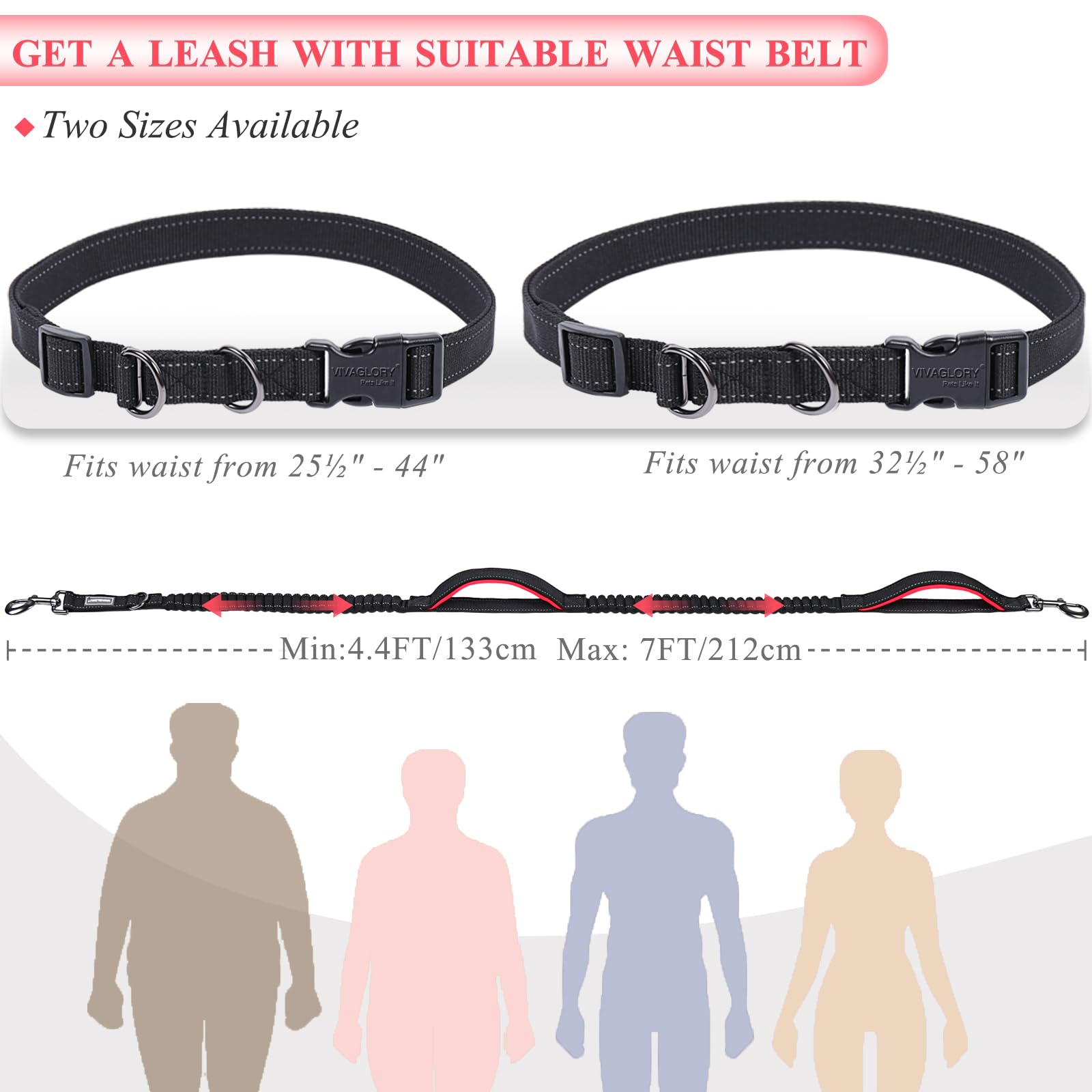 Vivaglory Hands Free Dog Running Leash With Dual Advanced Anti-Shock Bungees And Padded Handles, Reflective Waist Jogging Leash With Adjustable Belt For Training For Medium Large Dogs, Black/Red
