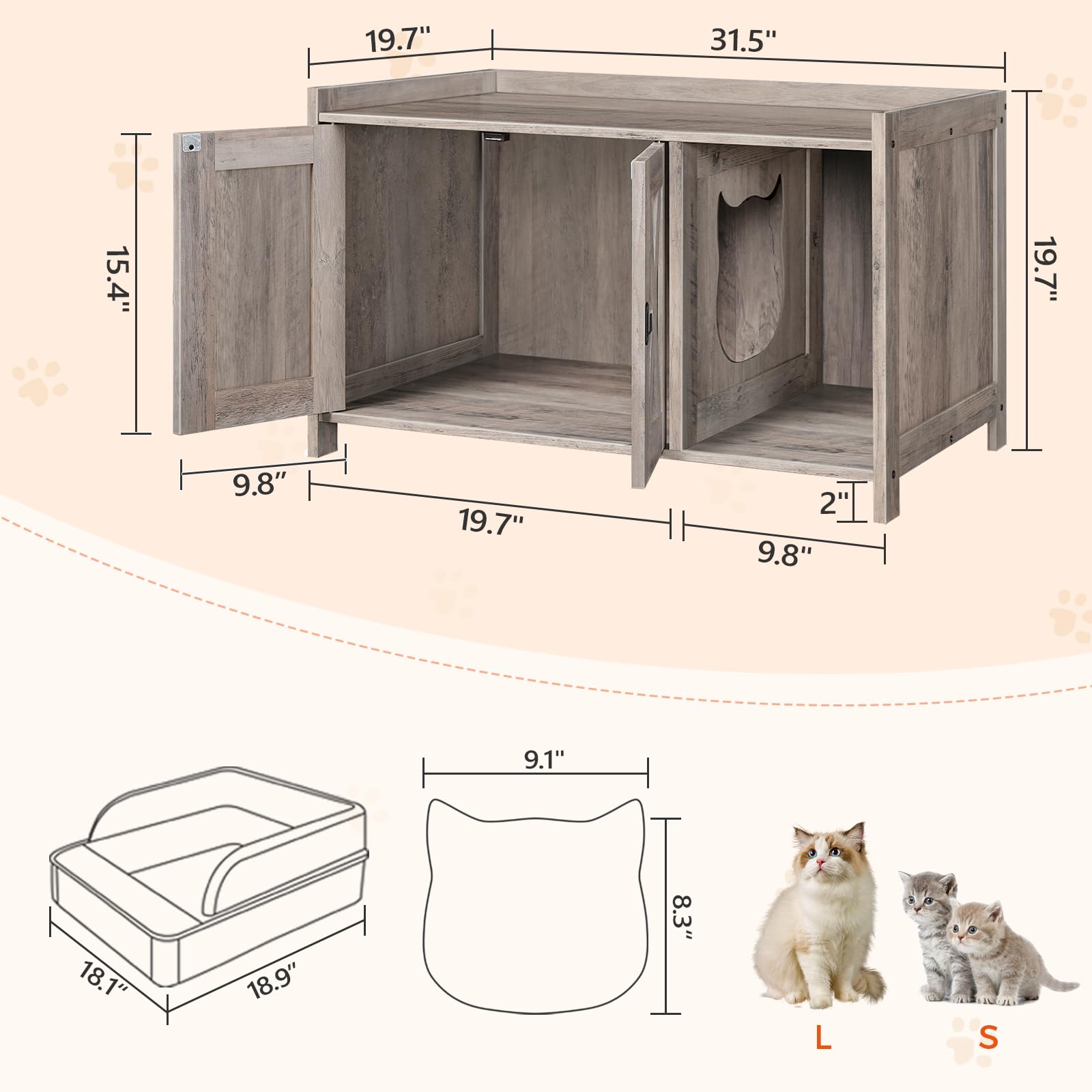 Mahancris Cat Litter Box Enclosure, Hidden Litter Box Furniture With Divider, Indoor Cat House, Wooden Washroom Storage Cabinet