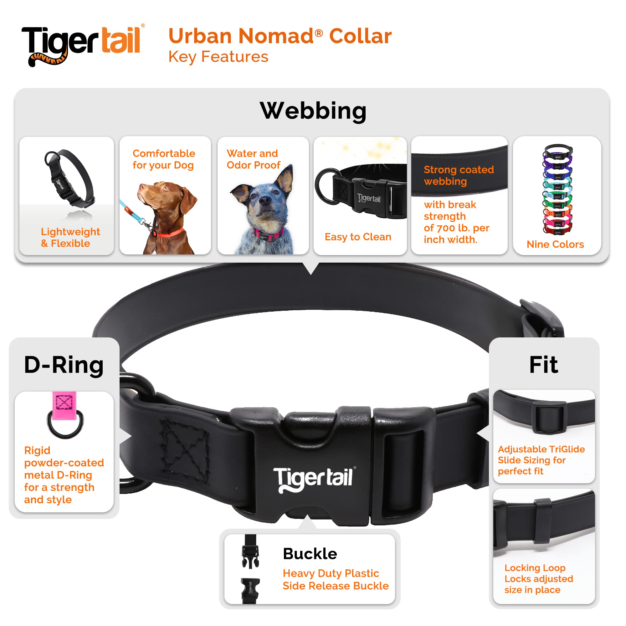 Tiger Tail Urban Nomad Dog Collar | Waterproof, Odor Proof, Durable, Anti-Mat & Lightweight | Premium Coated Nylon | For Large, Medium & Small Breed Pets | Black, Medium