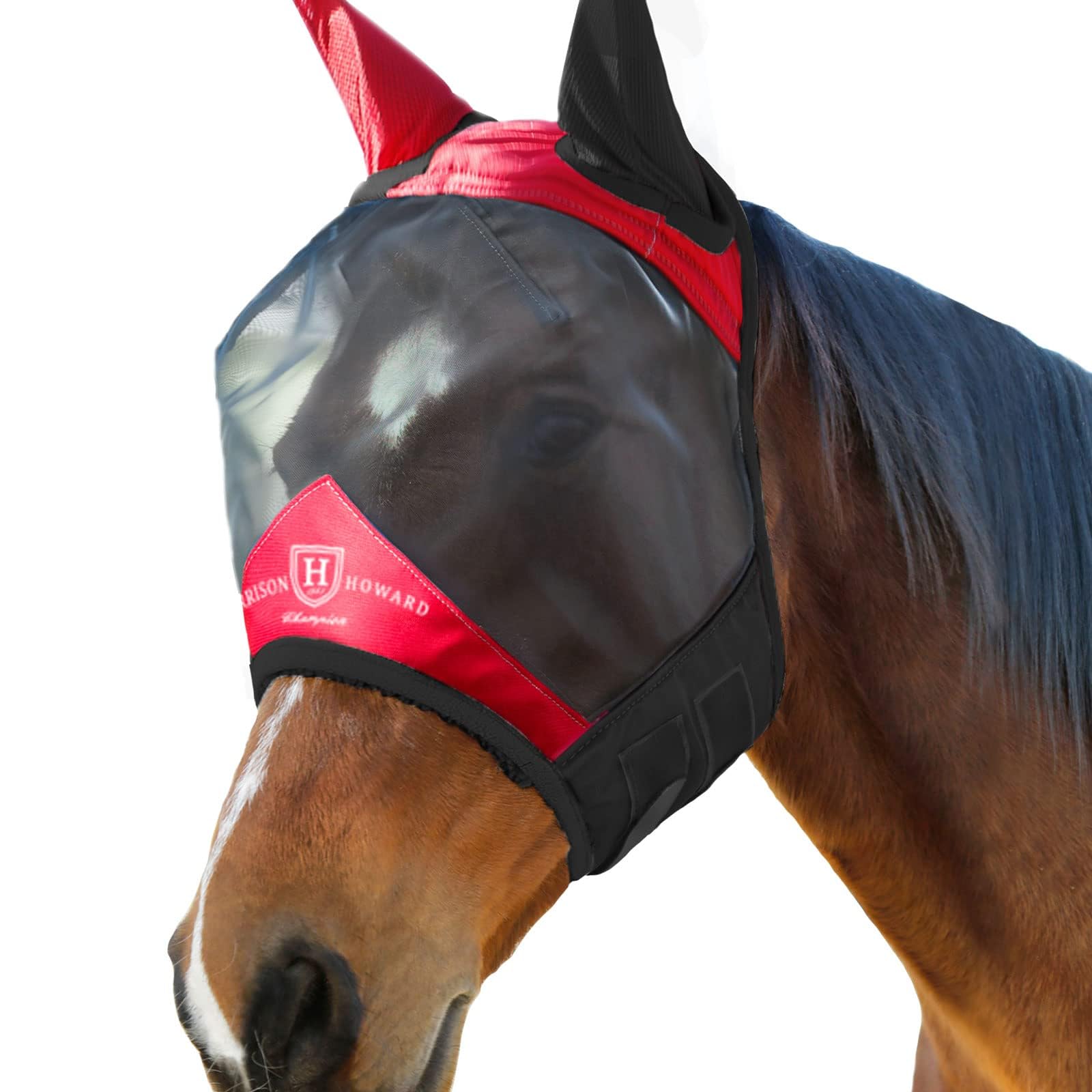 Harrison Howard Pro Luminous Horse Fly Mask Standard with Ears UV Protection for Horse Scarlet Red/Black Large Full Size